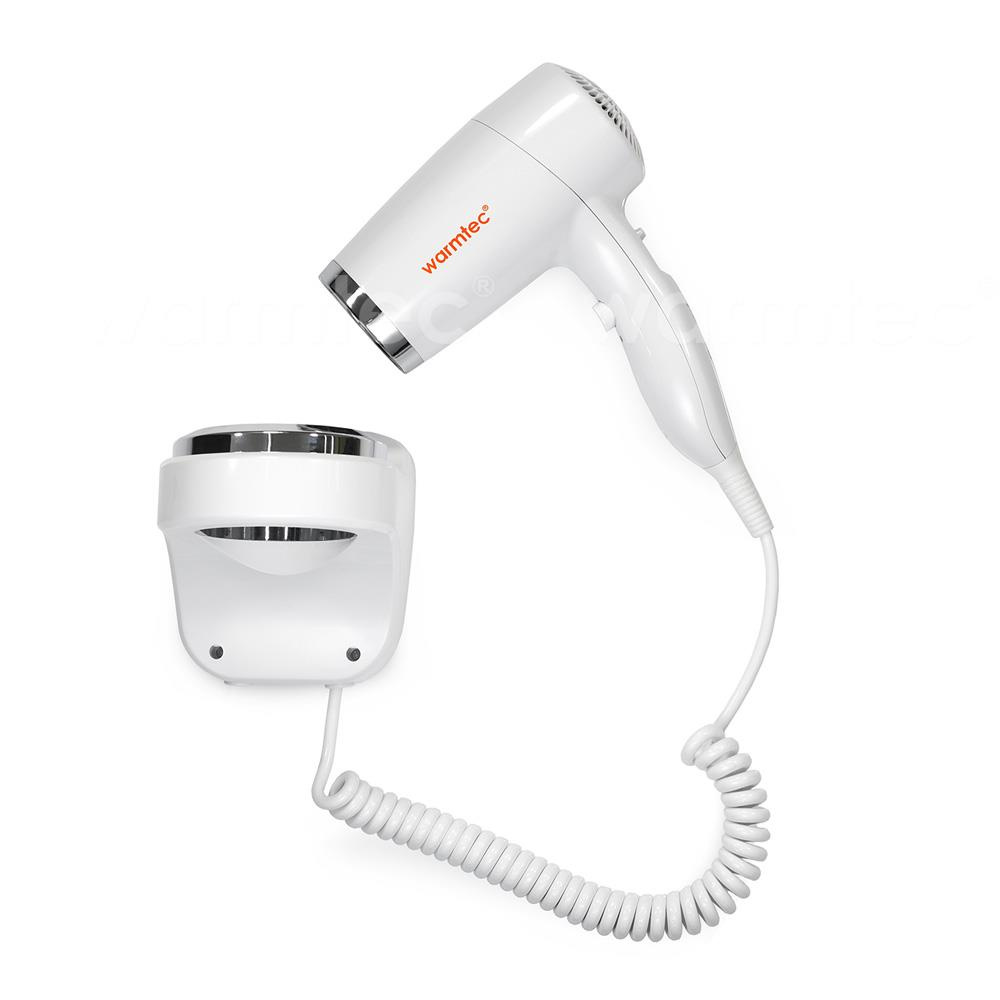 Biała suszarka ścienna ze spiralnym kablem i uchwytem.
