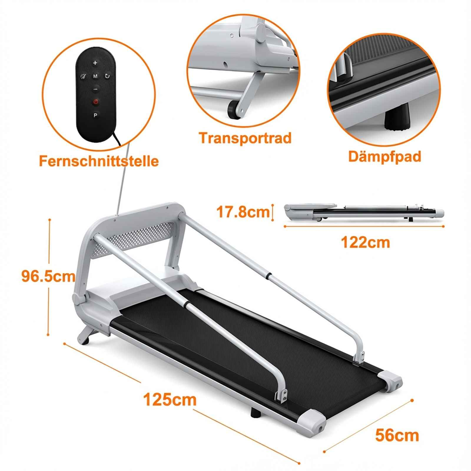 Ein Laufband mit Fernbedienung, Maßen und Details wie Transportrad.