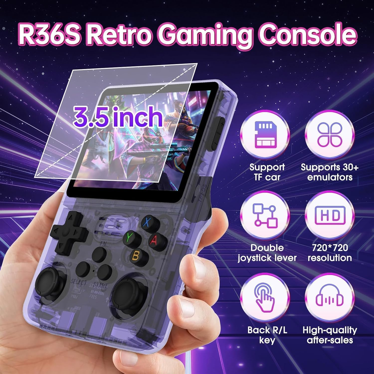 Ein lila Handheld-Retro-Gaming-Gerät mit 3,5-Zoll-Bildschirm und verschiedenen Steuerelementen.