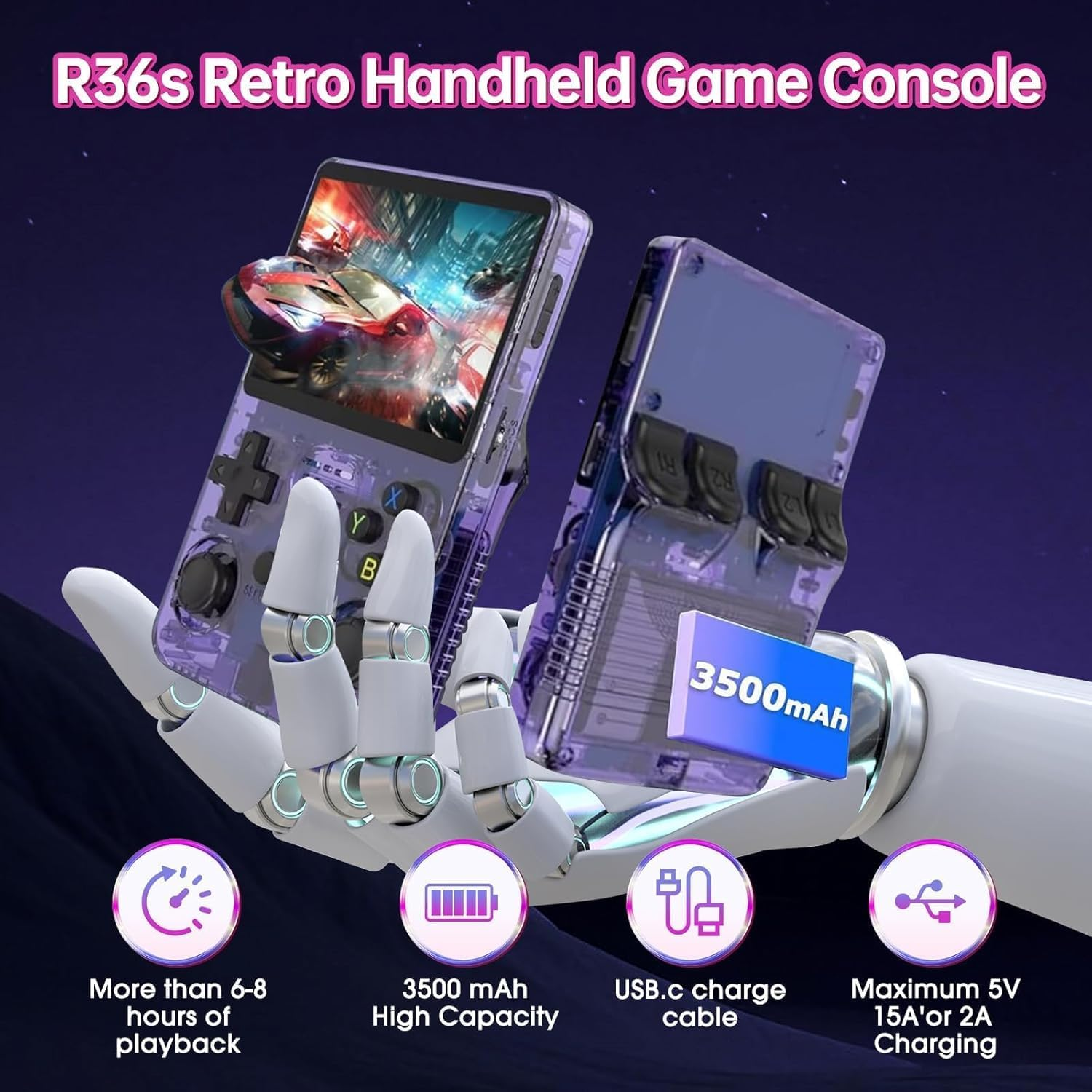 Lila R36s Handheld-Spielekonsole mit Bildschirm, der ein Autorennen zeigt. Verfügt über 3500mAh Akku.