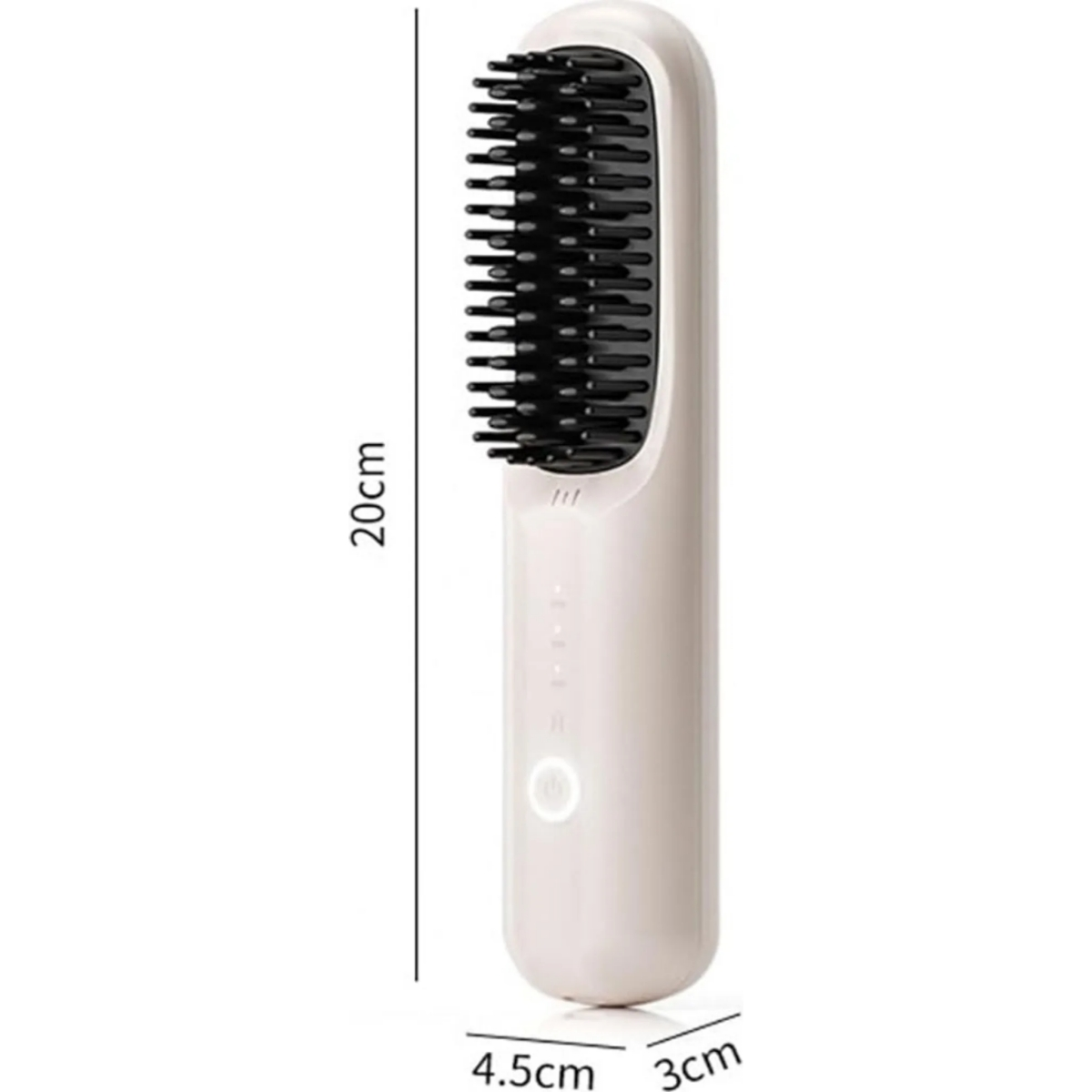 Ein cremefarbener Haarstrecker mit schwarzen Borsten und Bedienelementen.
