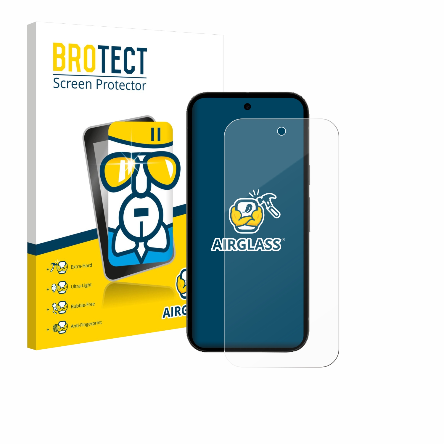 Ein BROTECT Displayschutz und ein Smartphone mit AIRGLASS Logo.