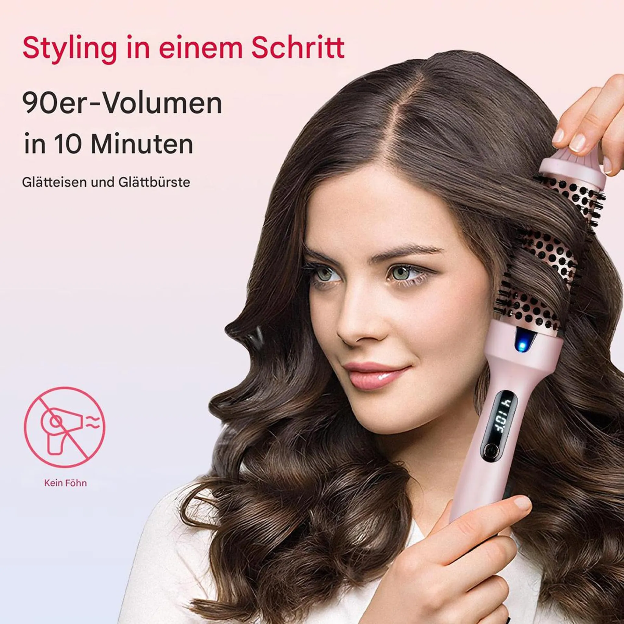 Eine Frau stylt ihr Haar mit einer rosafarbenen Heißluftbürste. Text über 90er-Volumen.