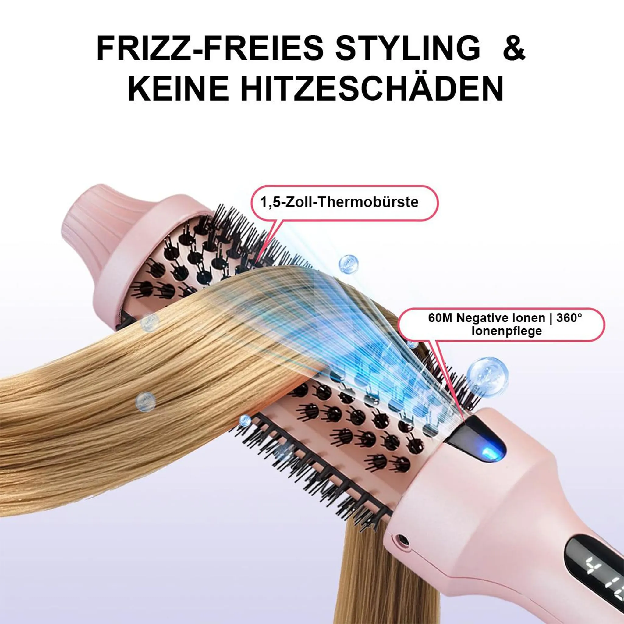 Eine rosafarbene Stylingbürste mit Borsten stylt blondes Haar, das mit negativen Ionen behandelt wird.