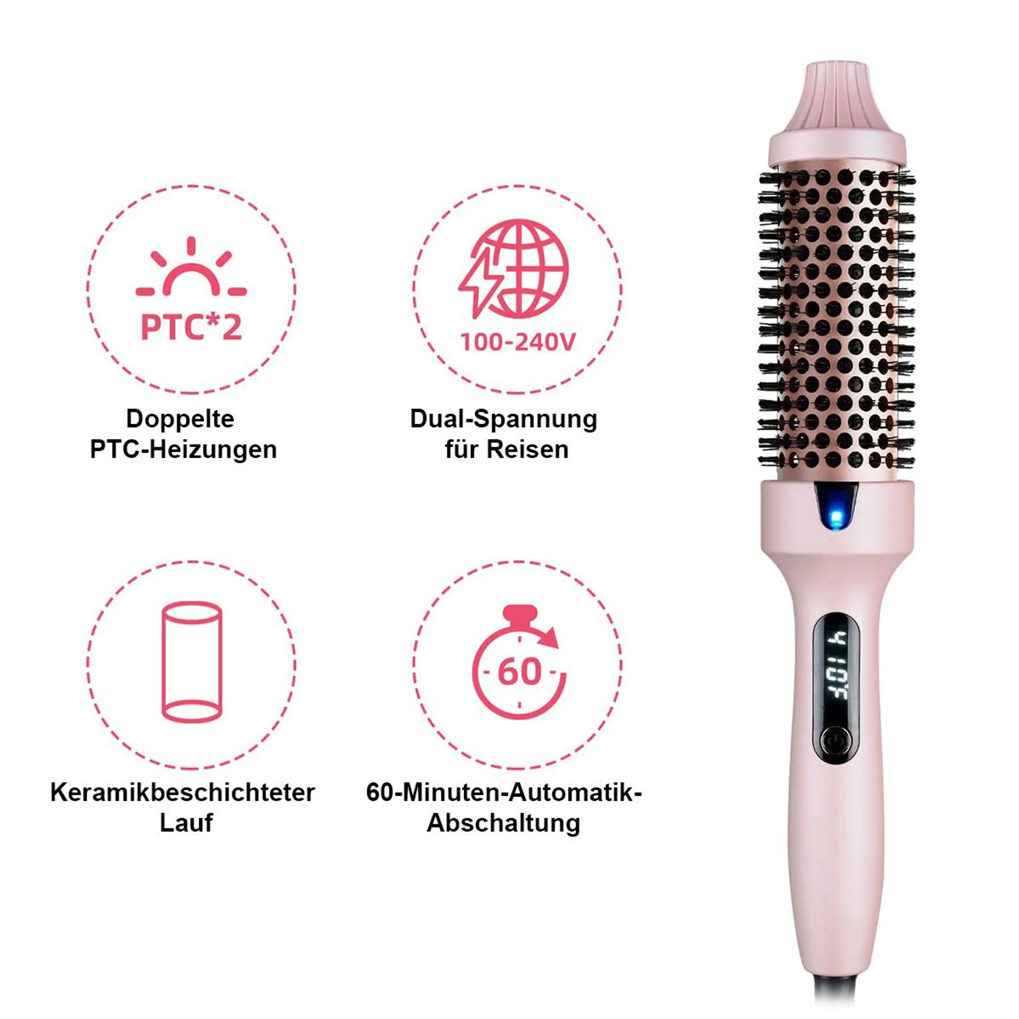 Ein roségoldener Lockenstab mit vier Icons: PTC*2, 100-240V, Keramik, 60 Min. Abschaltung.