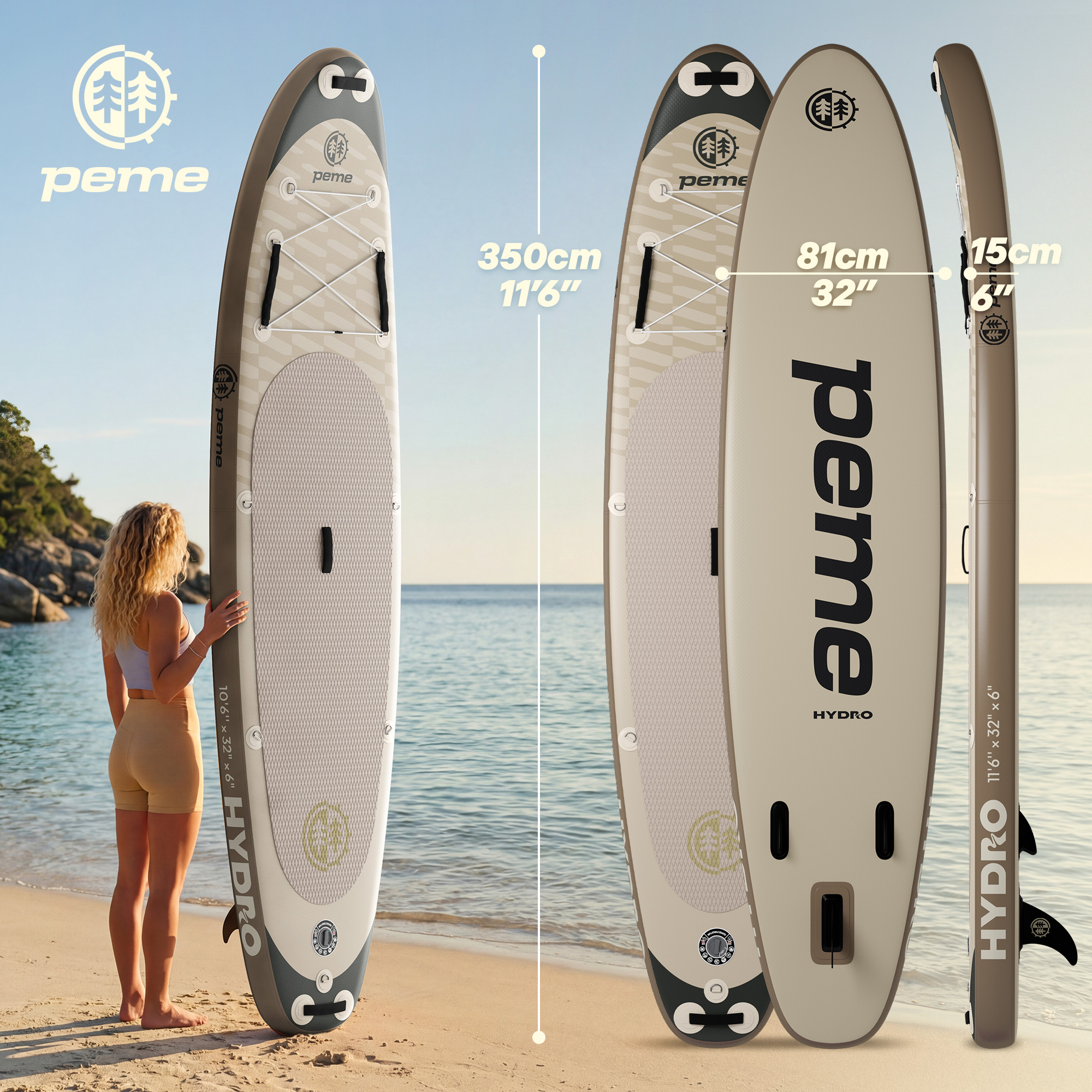 Strand mit Frau und aufblasbarem SUP-Board in Beige mit schwarzen Akzenten.