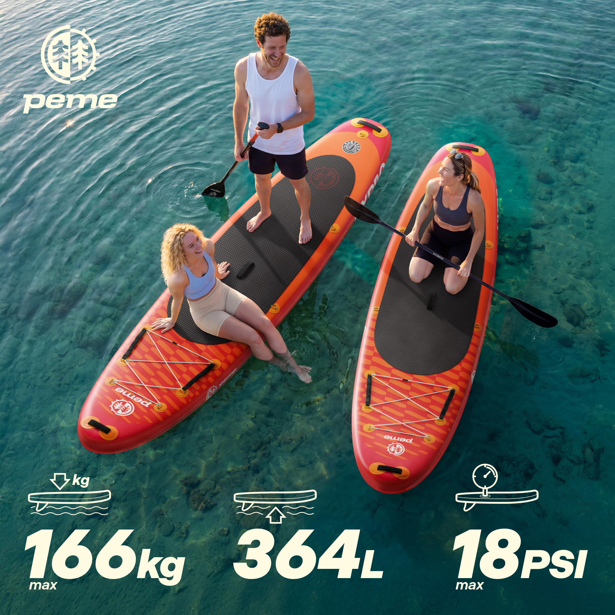 Zwei Personen auf Stand-Up-Paddleboards im klaren Wasser. Ein Mann steht, eine Frau kniet.