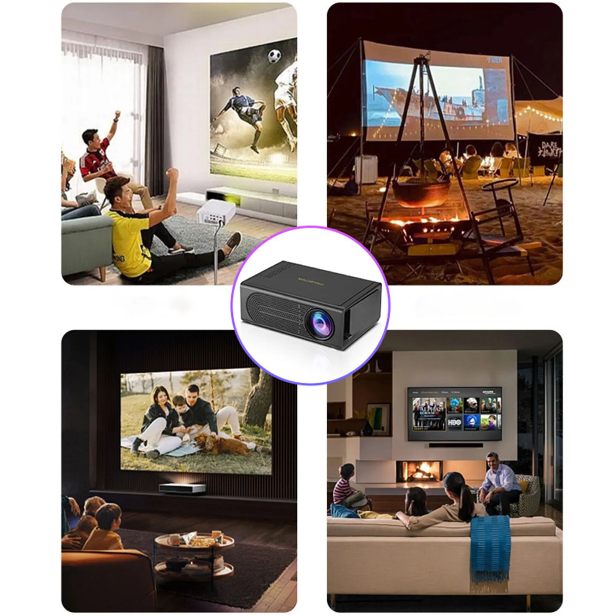 Vier Szenen zeigen Projektoren: Fußball im Wohnzimmer, Freiluftkino, Familie auf Picknickdecke, Familie vor Fernseher.