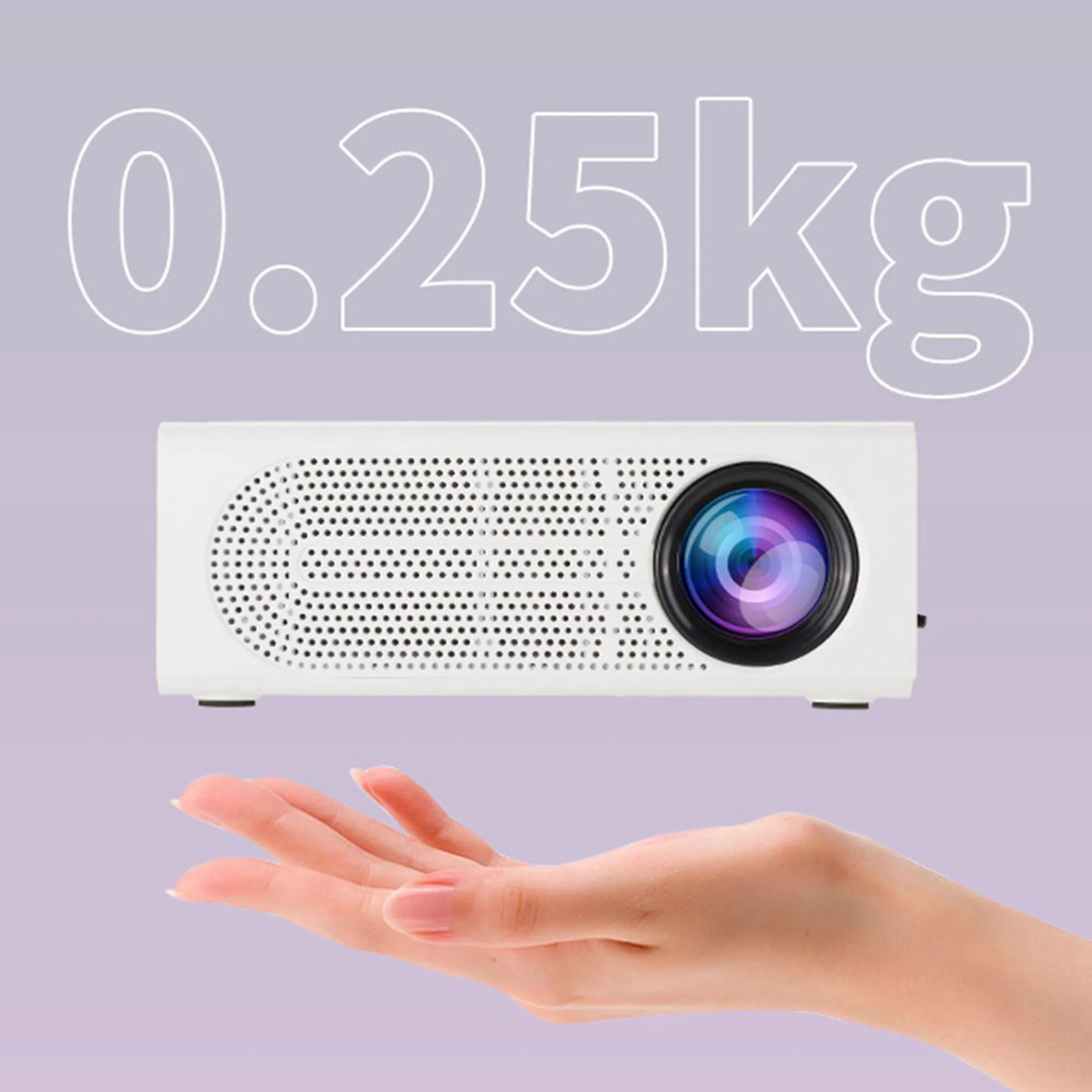 Ein weißer Projektor schwebt über einer offenen Hand. "0,25 kg" ist darüber geschrieben.