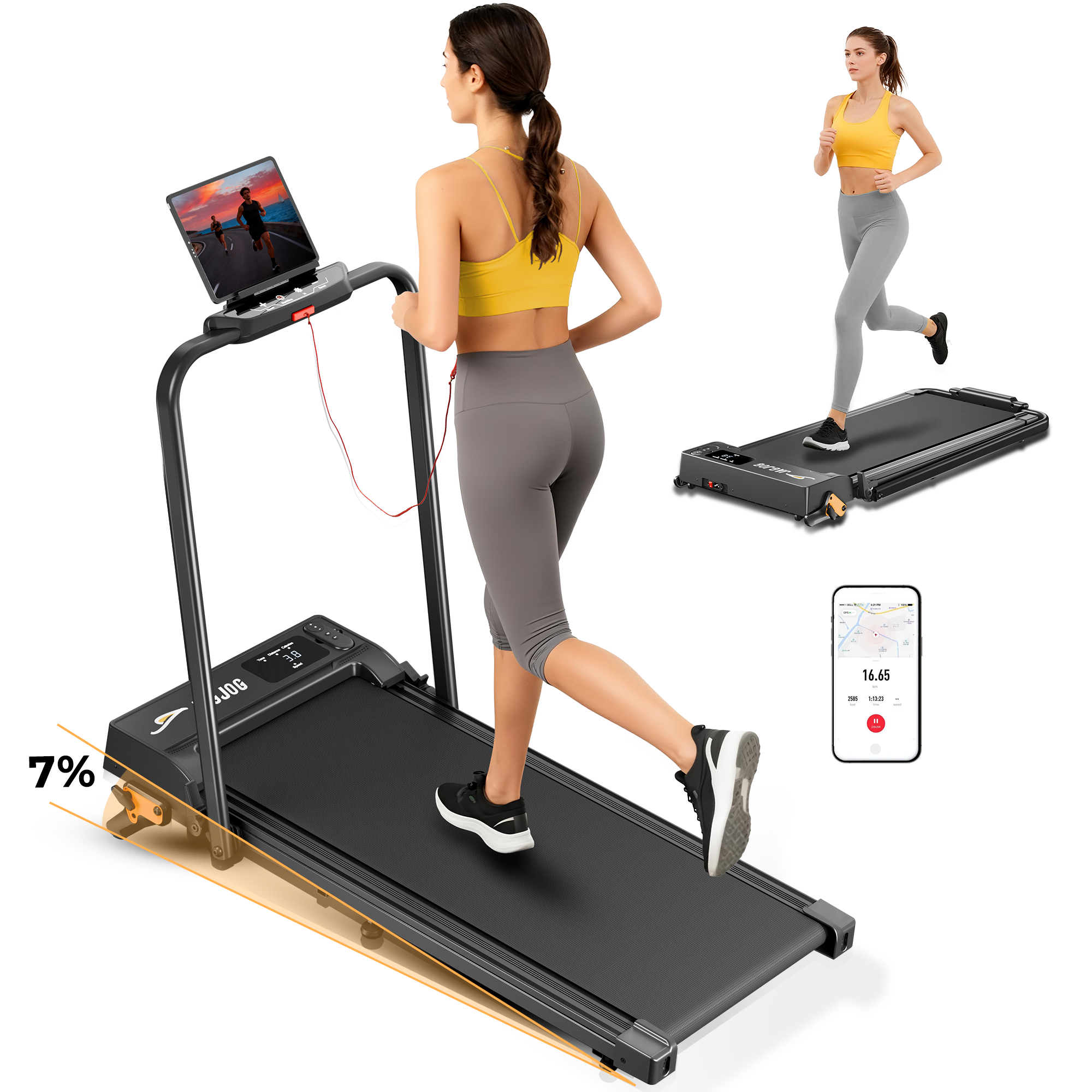 Donna su tapis roulant con tablet e display app. Inclinazione 7%.