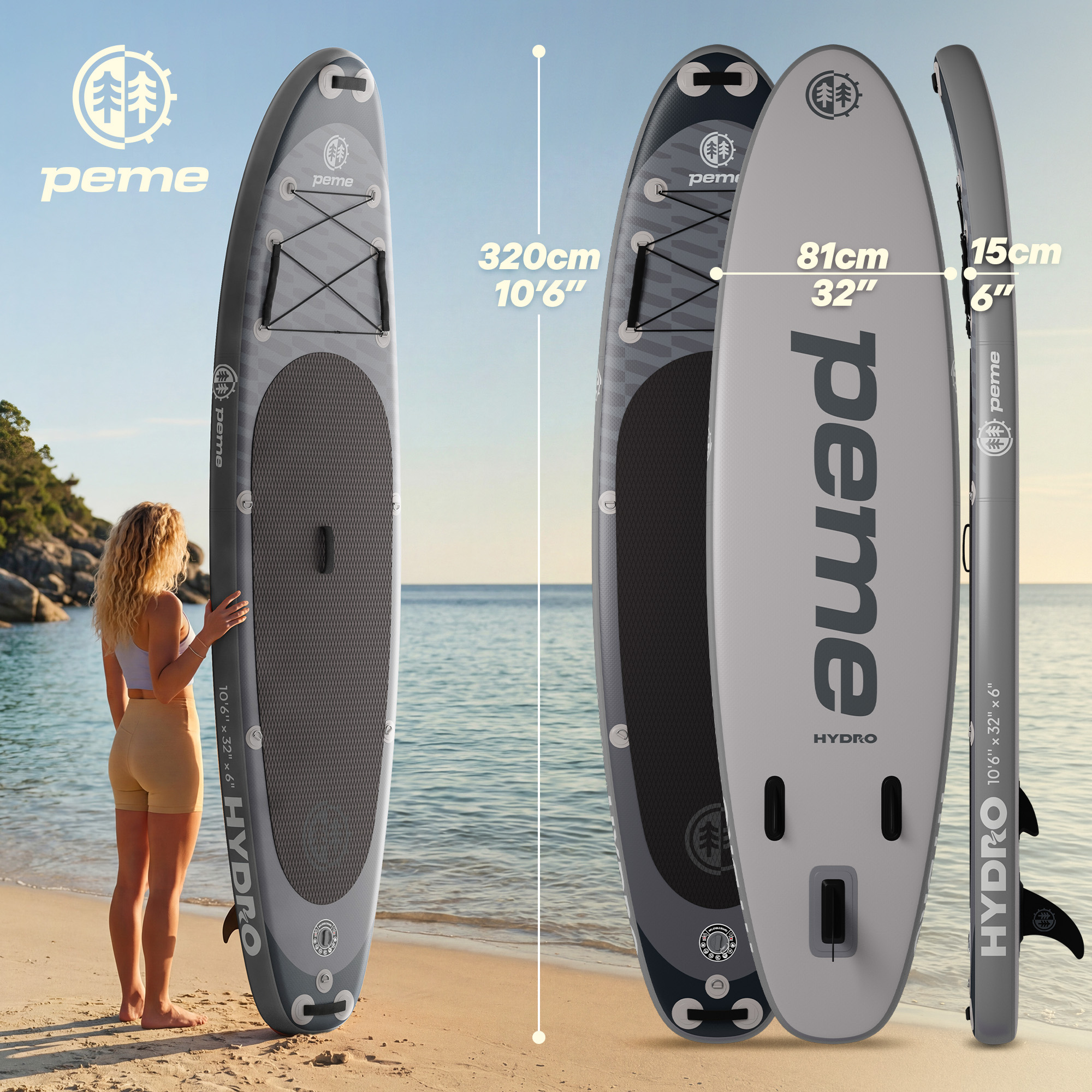 Ein aufblasbares Stand-Up-Paddleboard in Grau und Schwarz am Strand.