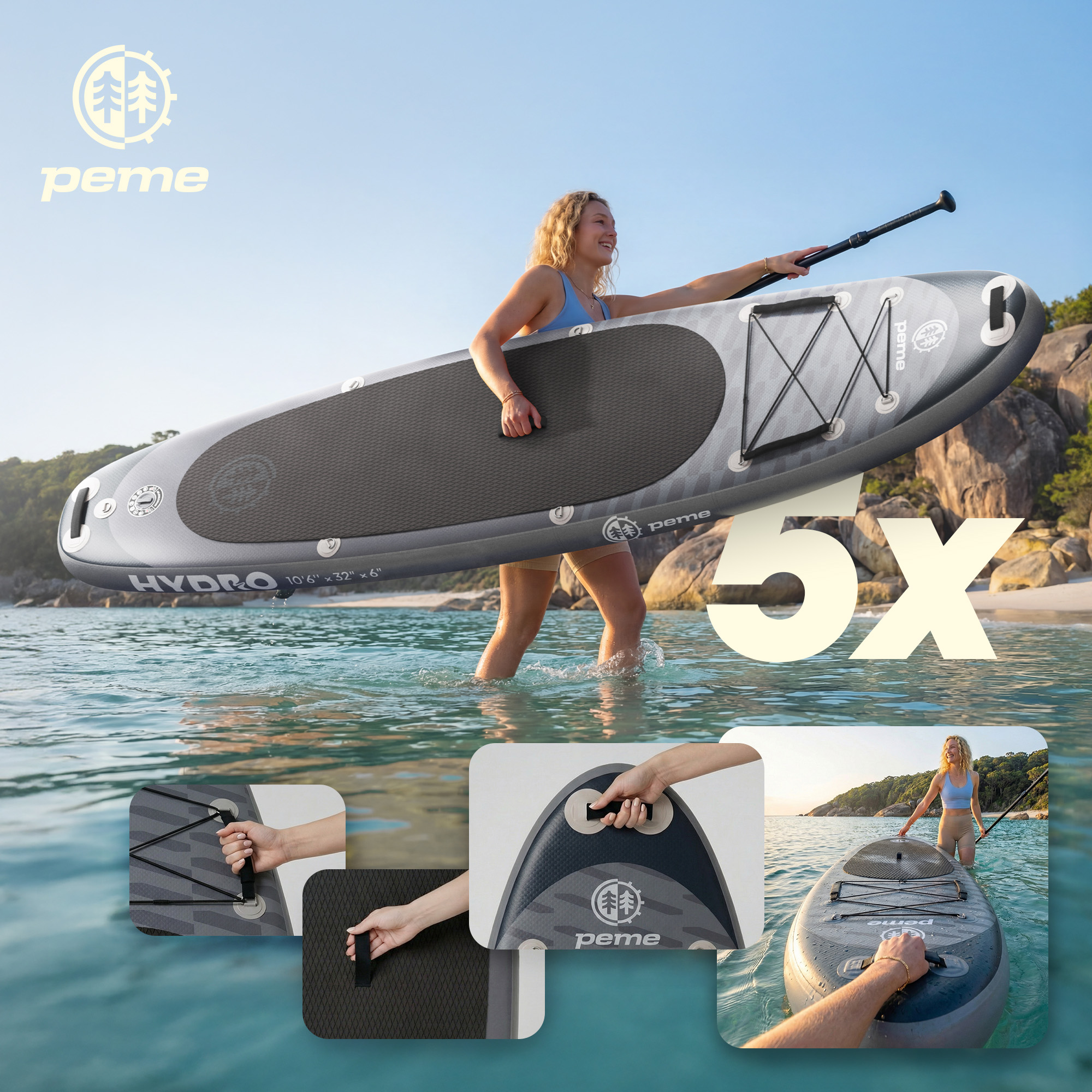 Frau mit Paddleboard im Wasser, Nahaufnahmen von Griffen und Logo.