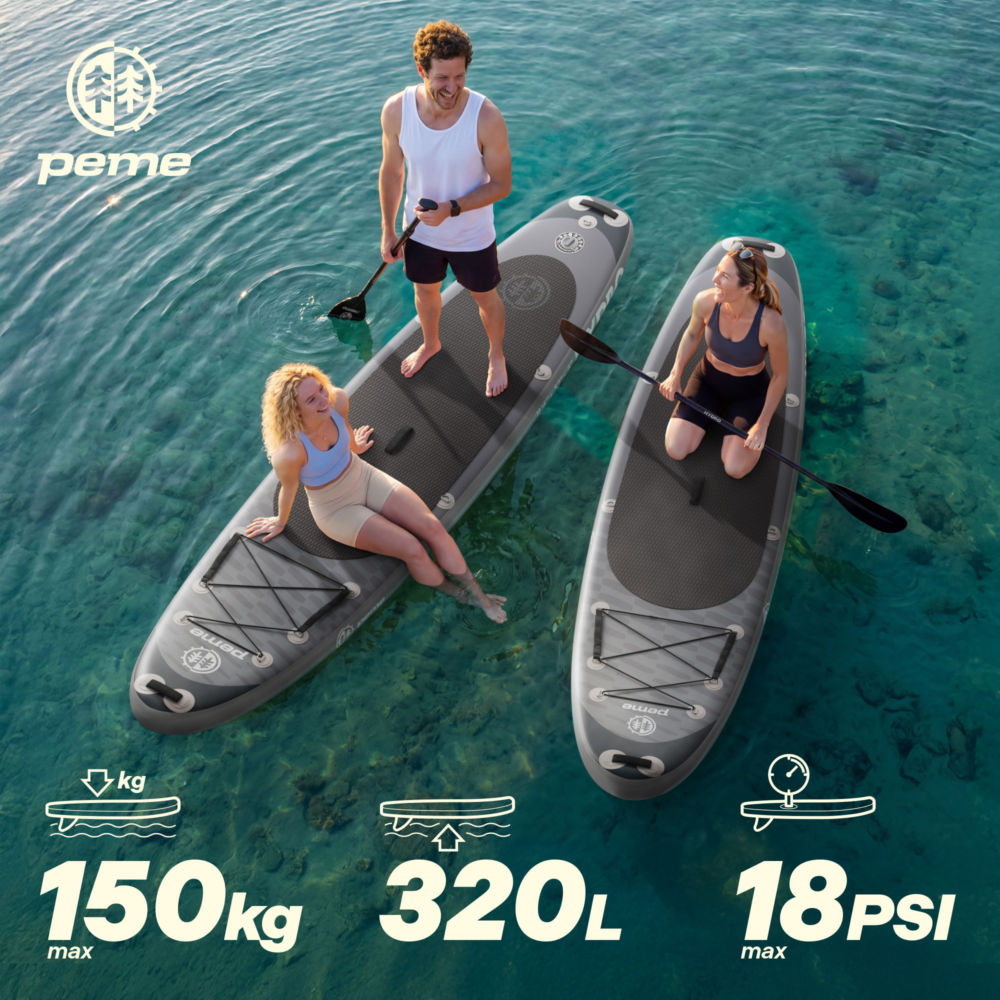 Zwei Personen auf Stand-Up-Paddleboards auf klarem Wasser. 150 kg max.