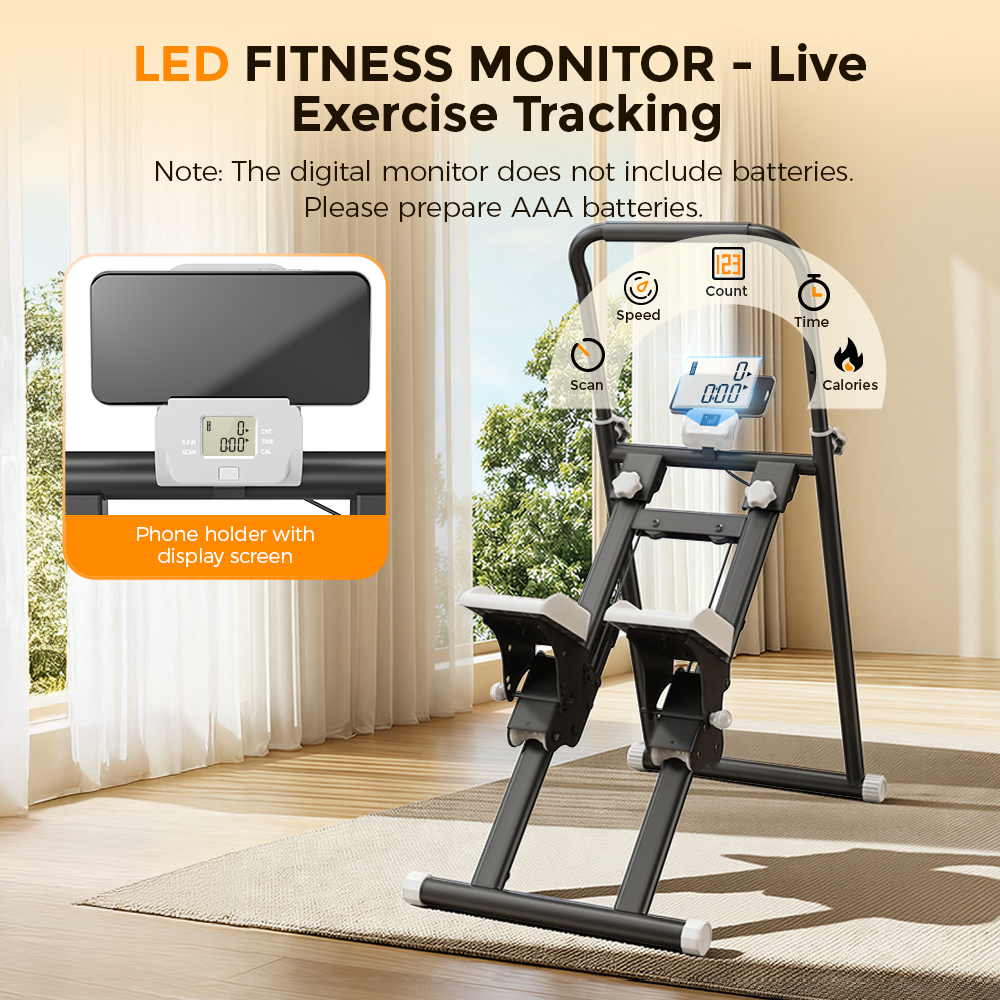 Ein Heimtrainer mit digitalem Monitor, der Geschwindigkeit, Zeit und Kalorien anzeigt.
