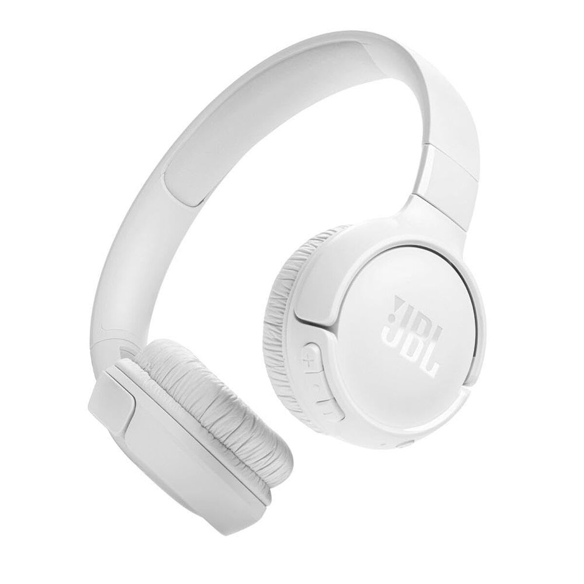 Cuffie JBL bianche con padiglioni in peluche e logo JBL visibile.