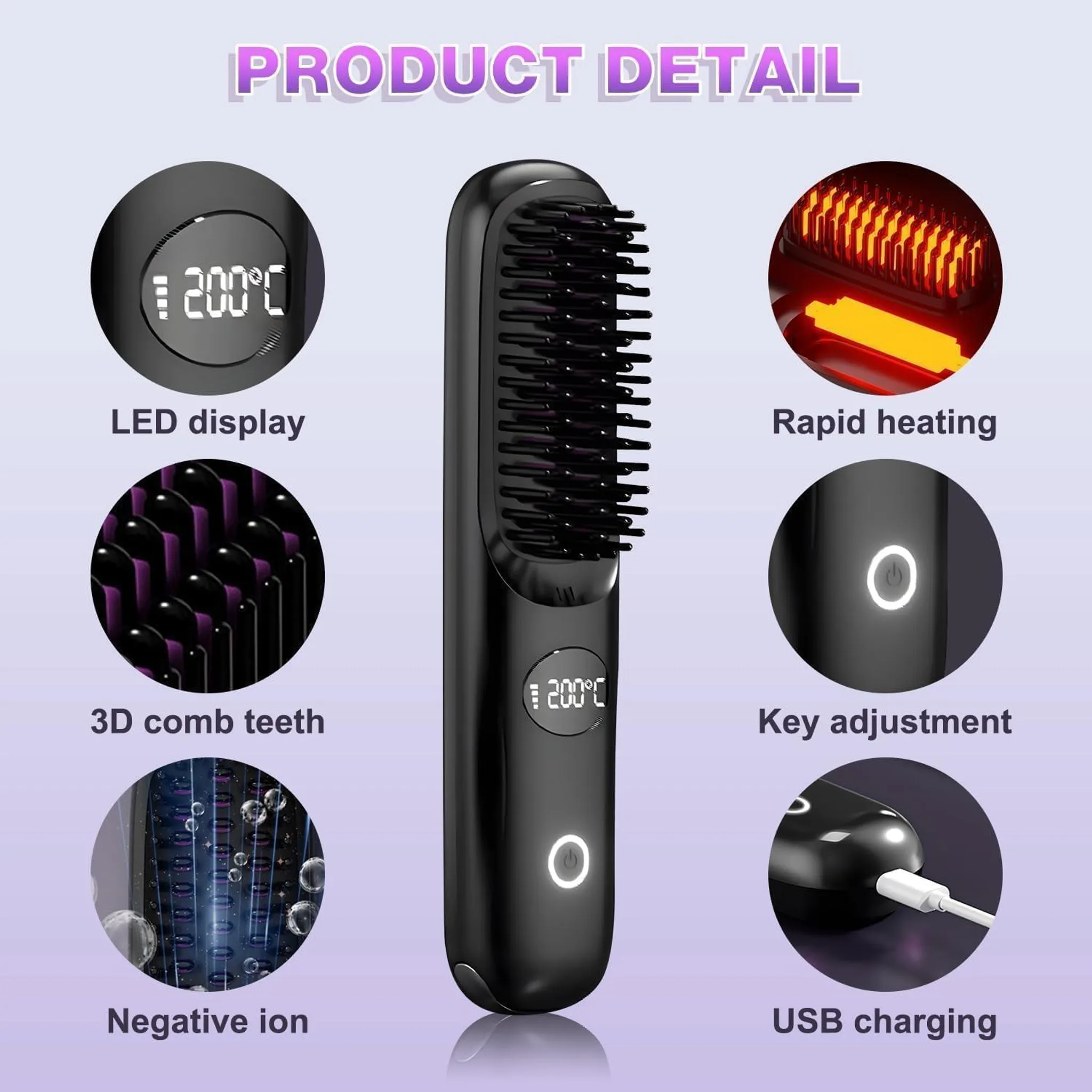 Ein schwarzer Glätteisenkamm mit LED-Anzeige, 3D-Zähnen, USB-Aufladung.