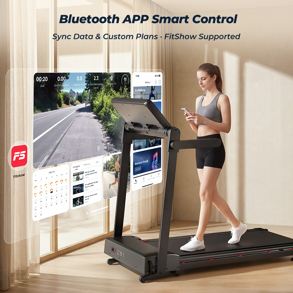 Frau läuft auf Laufband, App-Steuerung mit Smartphone. Draufsicht von virtueller Trainings-App.