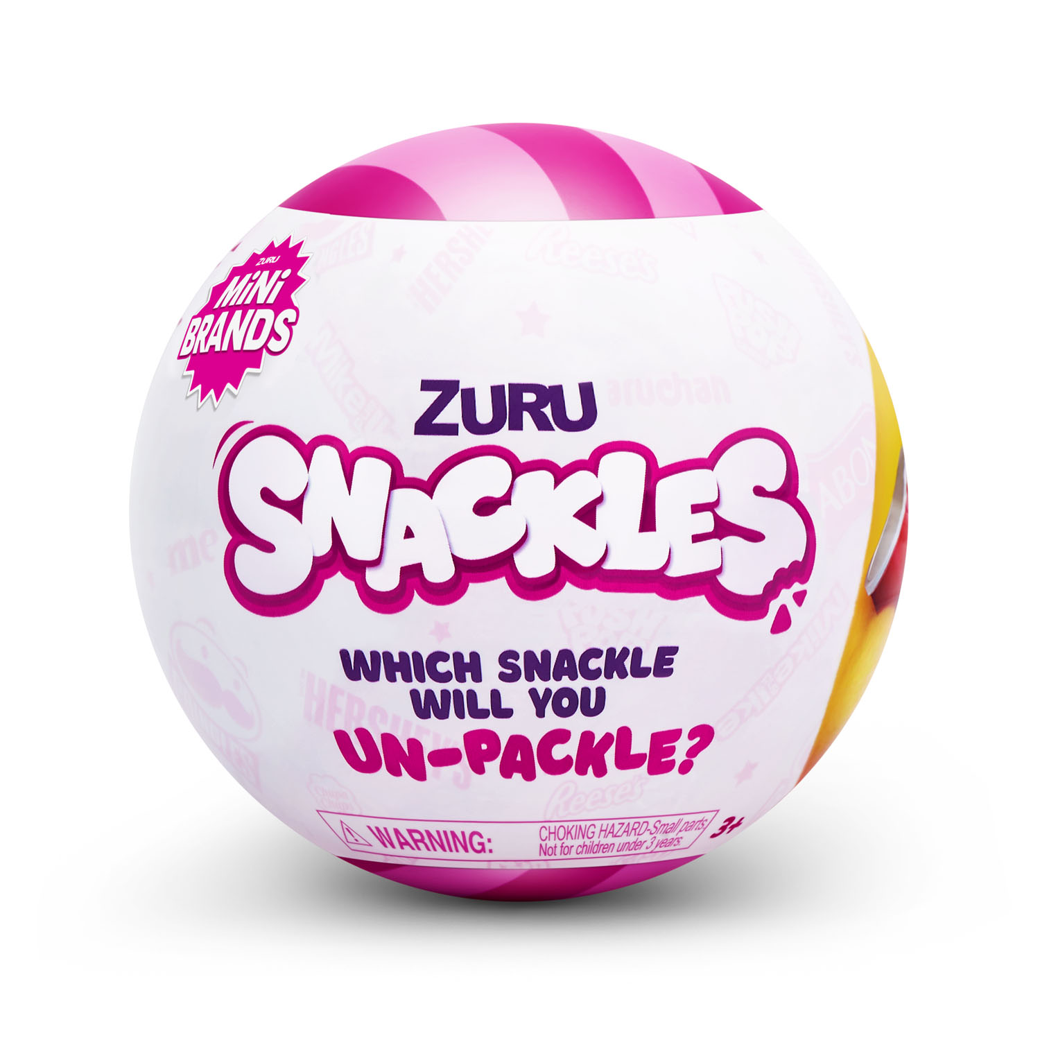 Zuru Mini Brands Snackles Überraschungsball mit rosa Streifen und Warnhinweis.