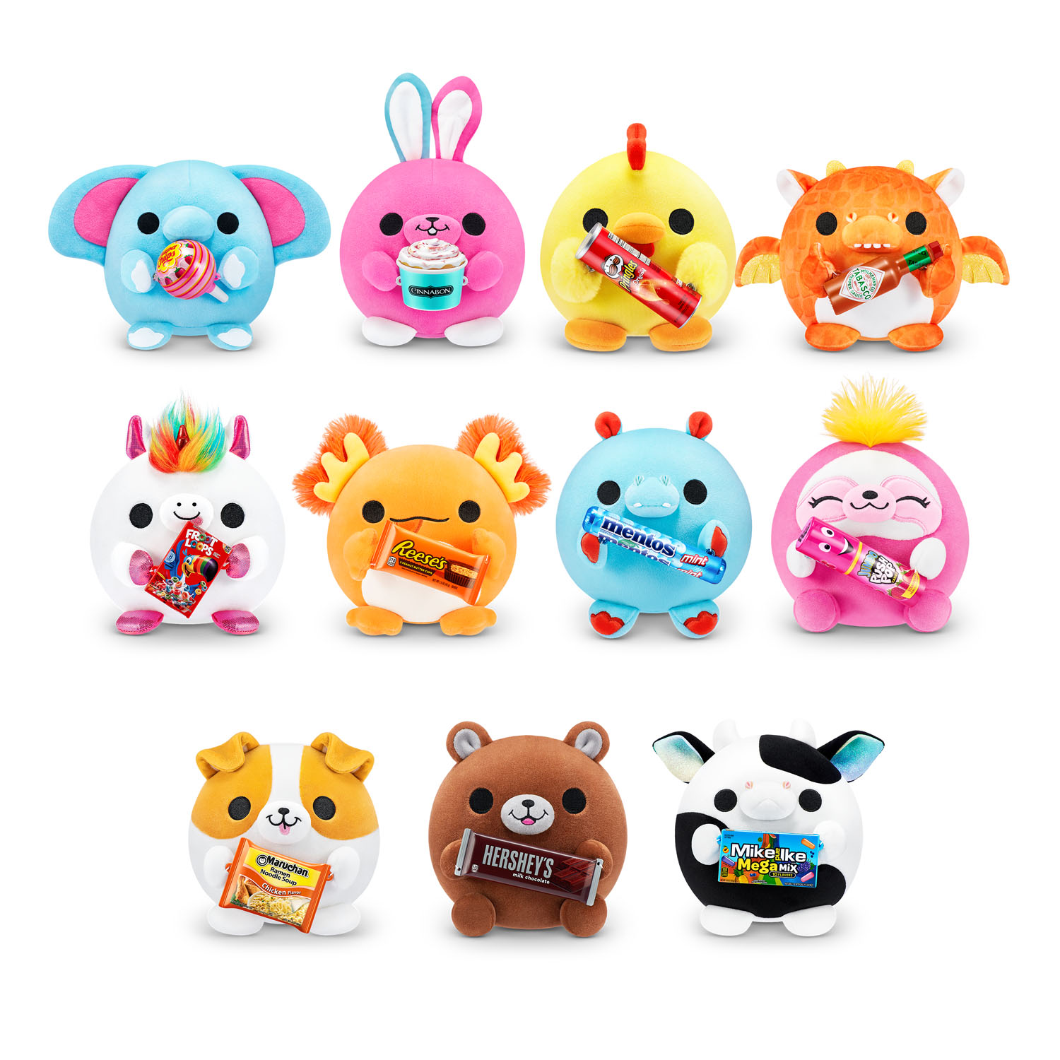 Plüschtiere: Elefant, Hase, Huhn, Drache, Einhorn, Fuchs, Nilpferd, Faultier, Hund, Bär, Kuh.