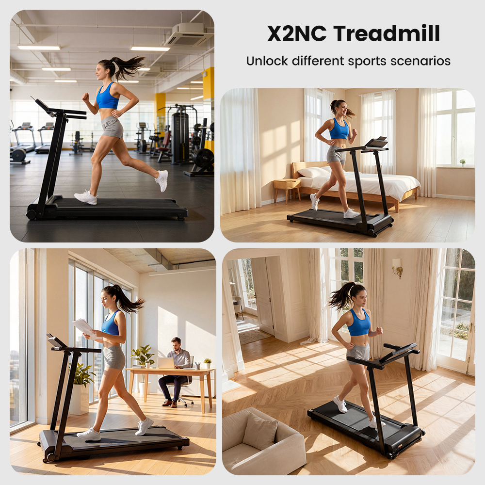 Frau läuft auf Laufband in Fitnessstudio, Schlafzimmer, Büro & Wohnzimmer.