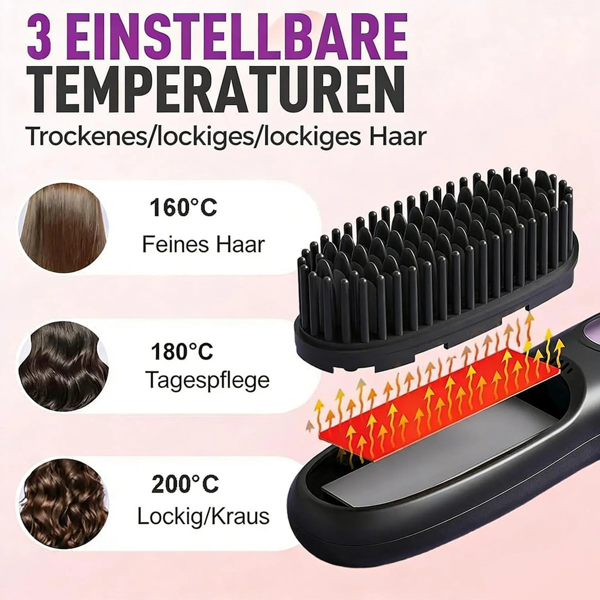 Glättebürste mit 3 Temperatureinstellungen für feines, normales und lockiges Haar.