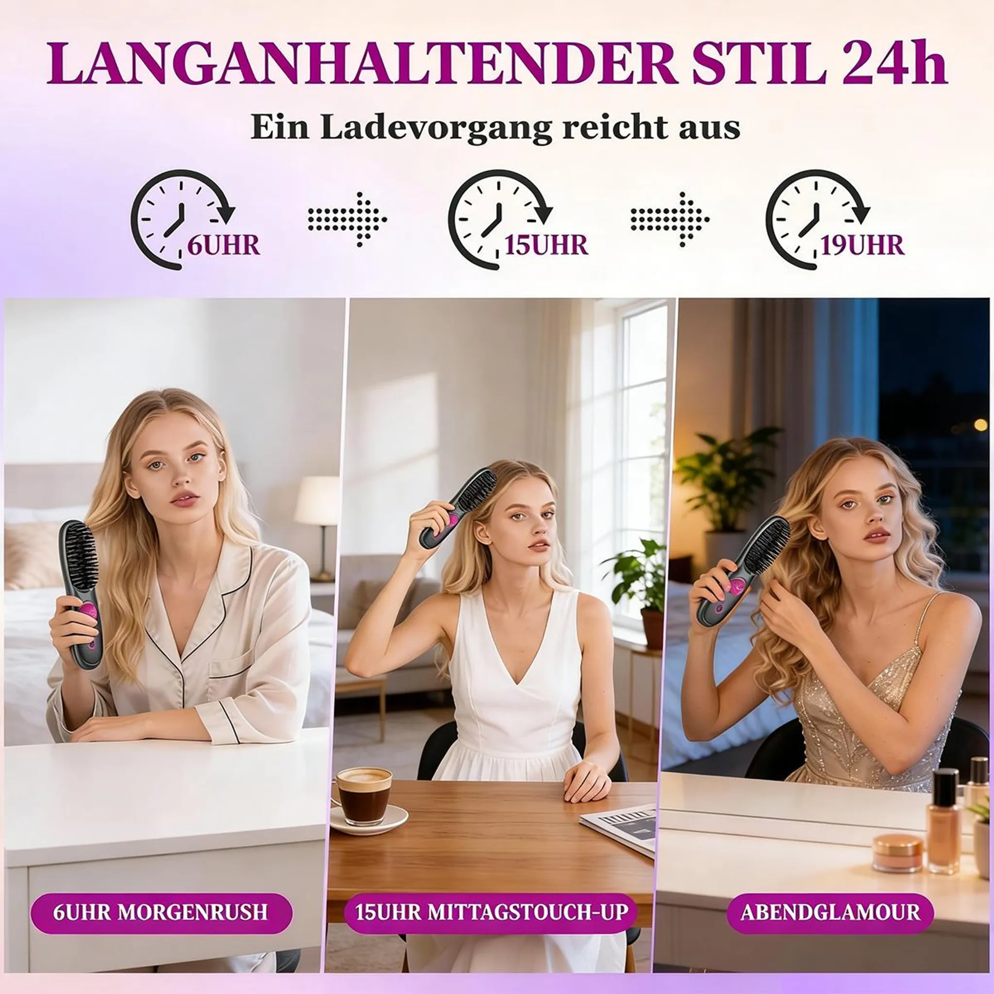 Drei Szenen einer Frau mit Styling-Bürste: Morgen, Mittag, Abend.
