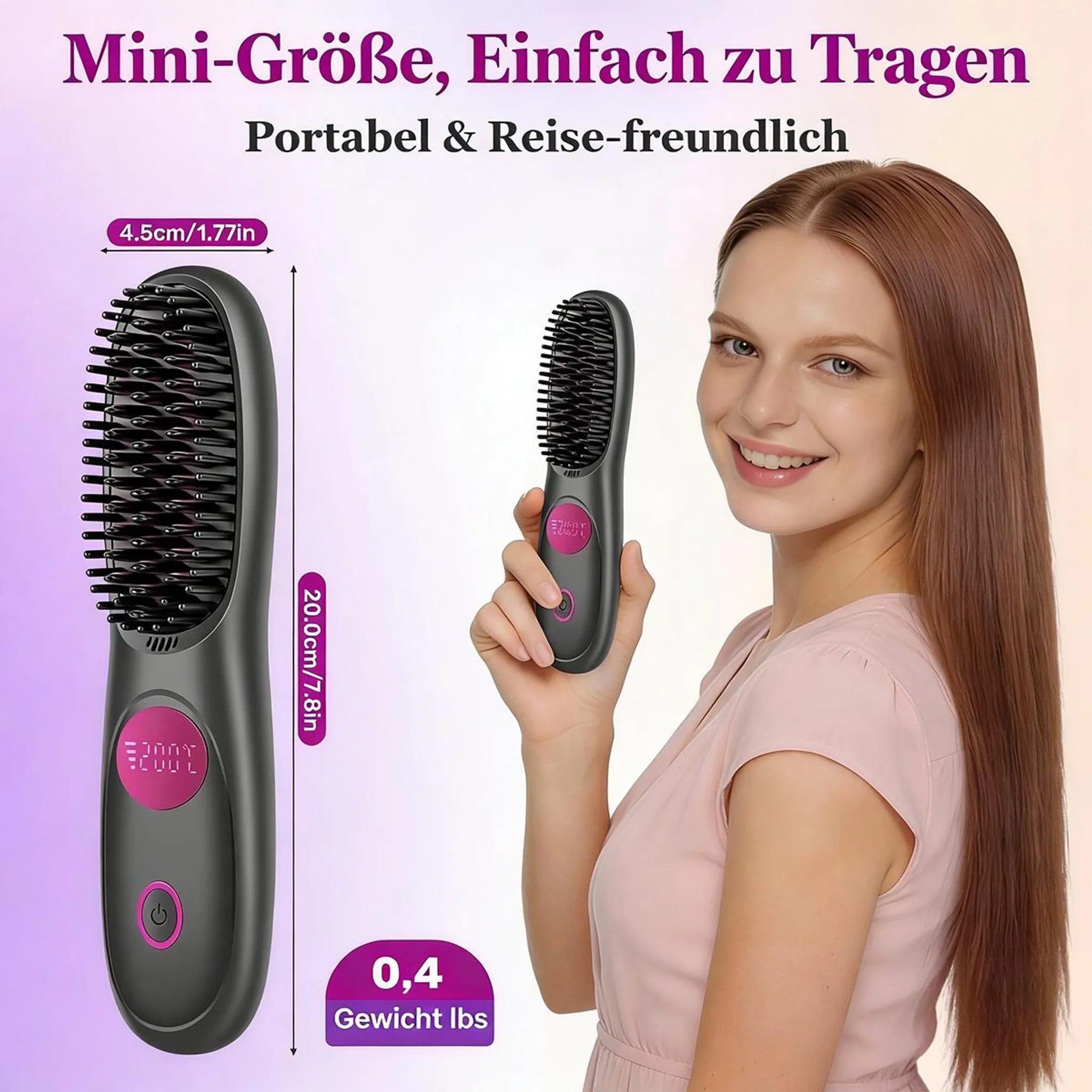 Eine Frau hält eine schwarze Haarbürste mit digitalen Anzeigen. Maße sind angegeben.