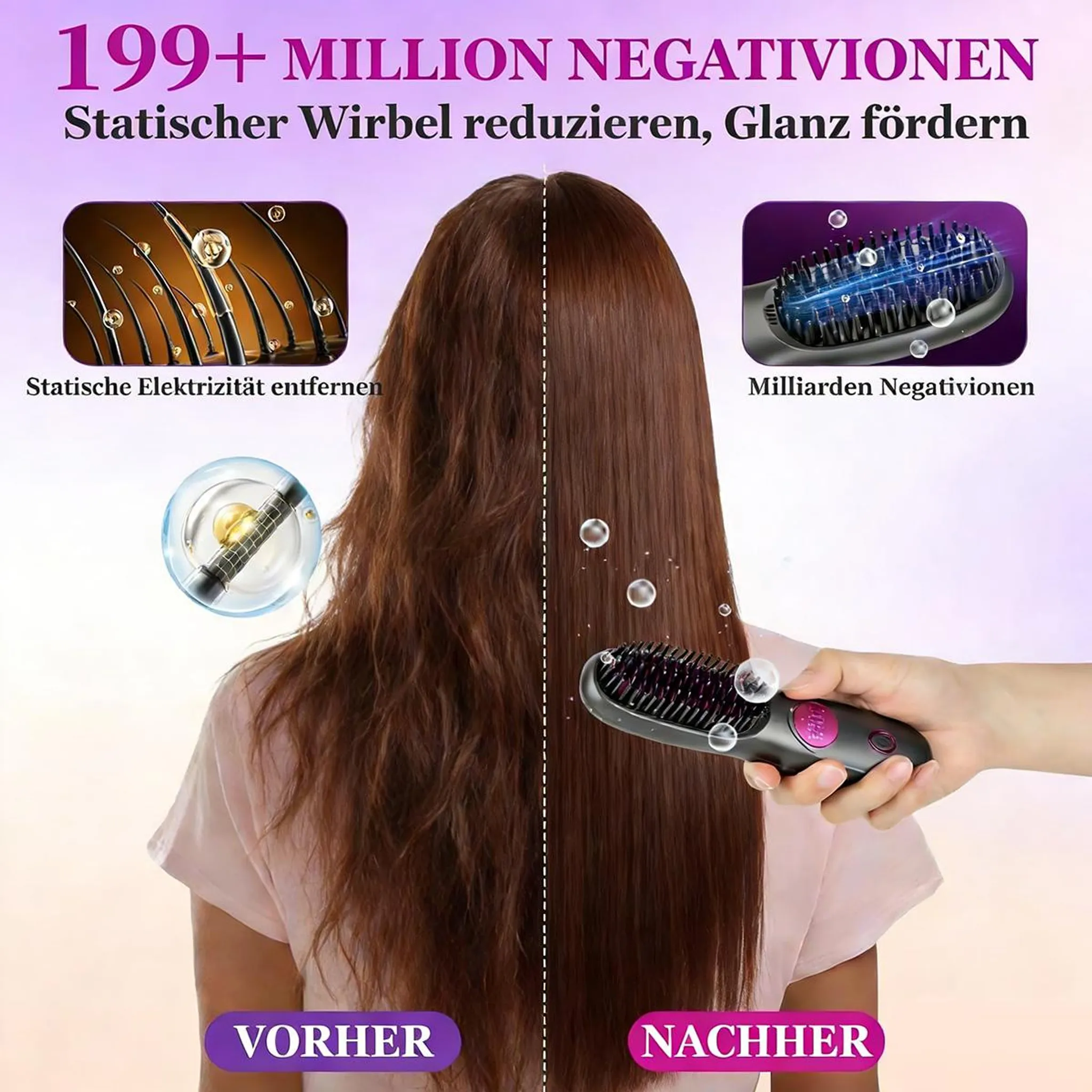 Vorher/Nachher-Vergleich von Haaren, die mit einem Ionenkamm behandelt werden.