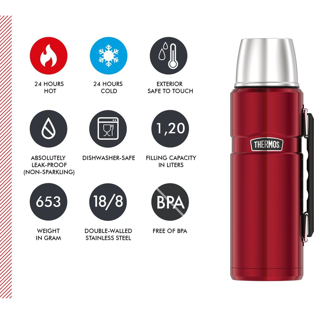 Gümüş kapaklı kırmızı Thermos şişe, 24 saat sıcak/soğuk, 1,2L, bulaşık makinesinde yıkanabilir, 653g.