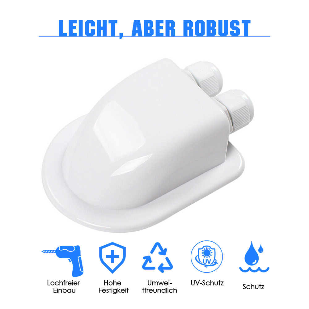 Ein weies, leichtes und robustes Gehäuse mit zwei Kabeldurchfõhrungen.