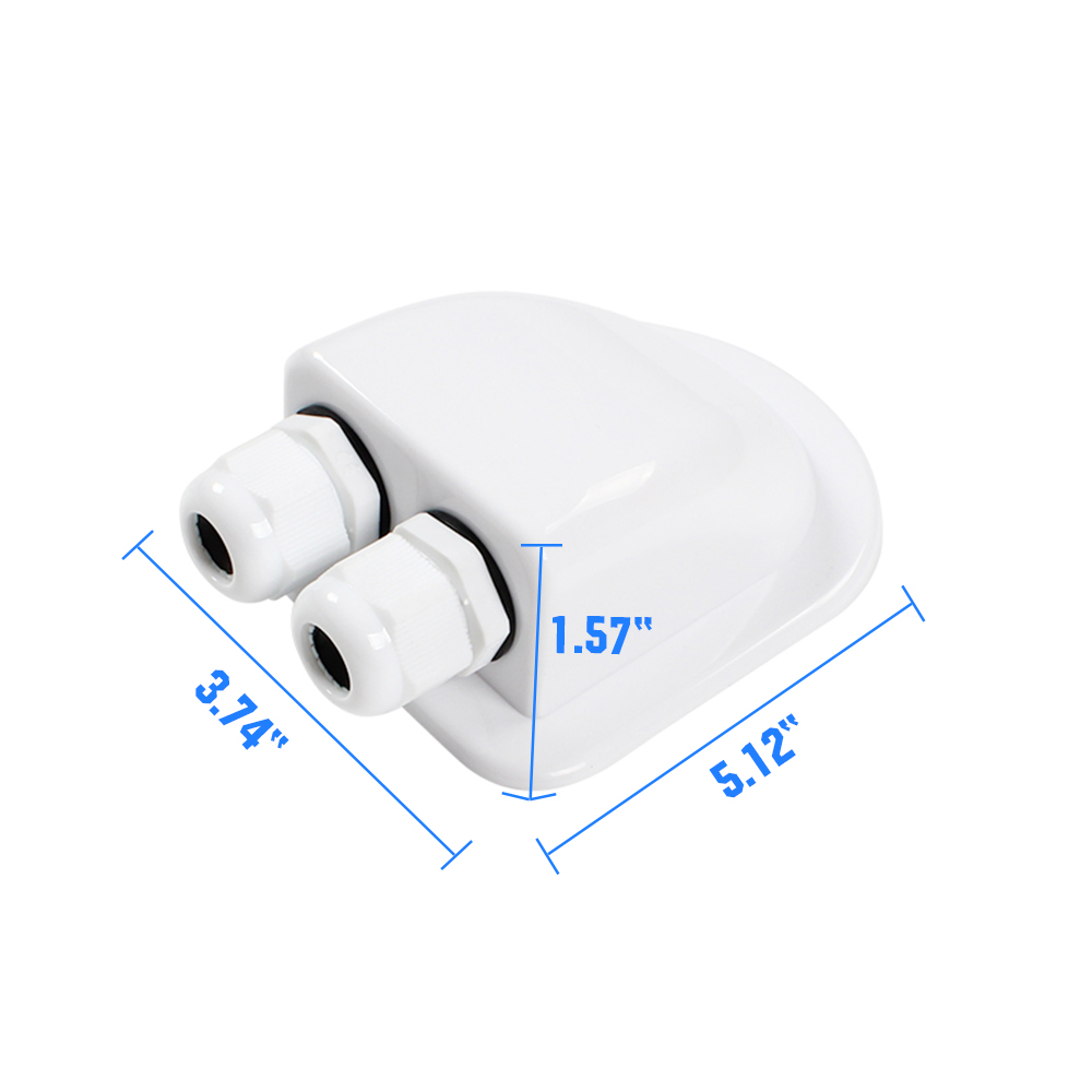 Ein weißer Kabelverschraubungsstecker mit zwei Einführungen und Maßen.