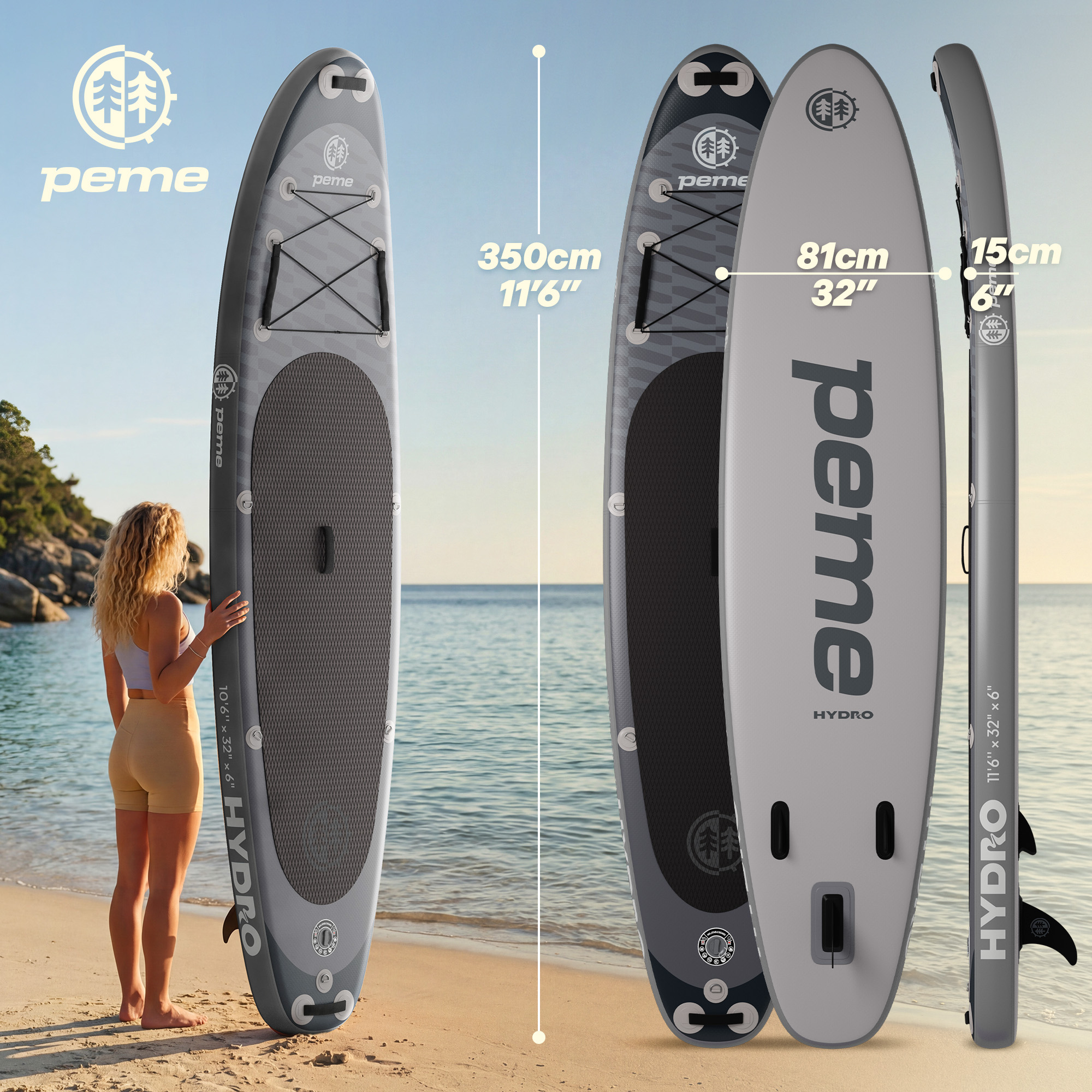 Eine Frau am Strand steht neben einem grauen aufblasbaren Stand-Up-Paddleboard mit dem Logo 'peme'.