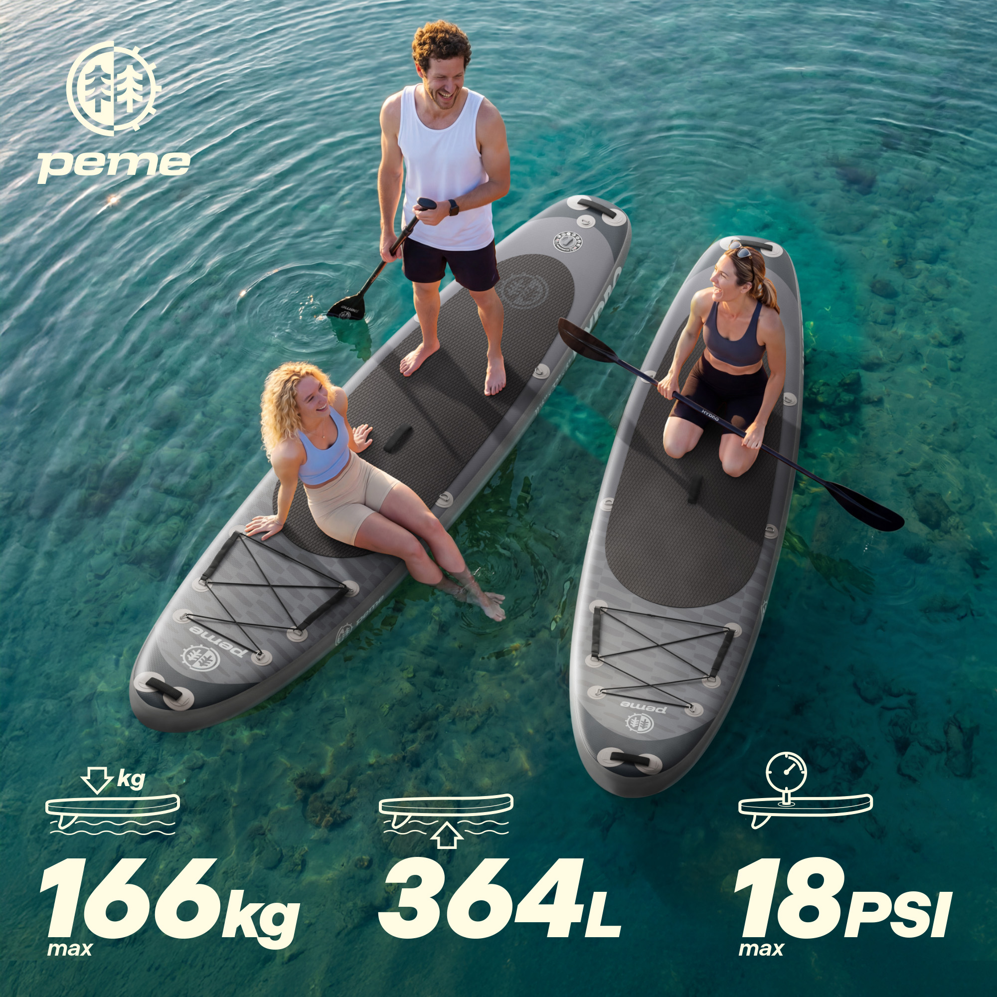 Zwei Personen auf Stand-Up-Paddleboards auf klarem Wasser. Max 166kg, 364L, 18PSI.