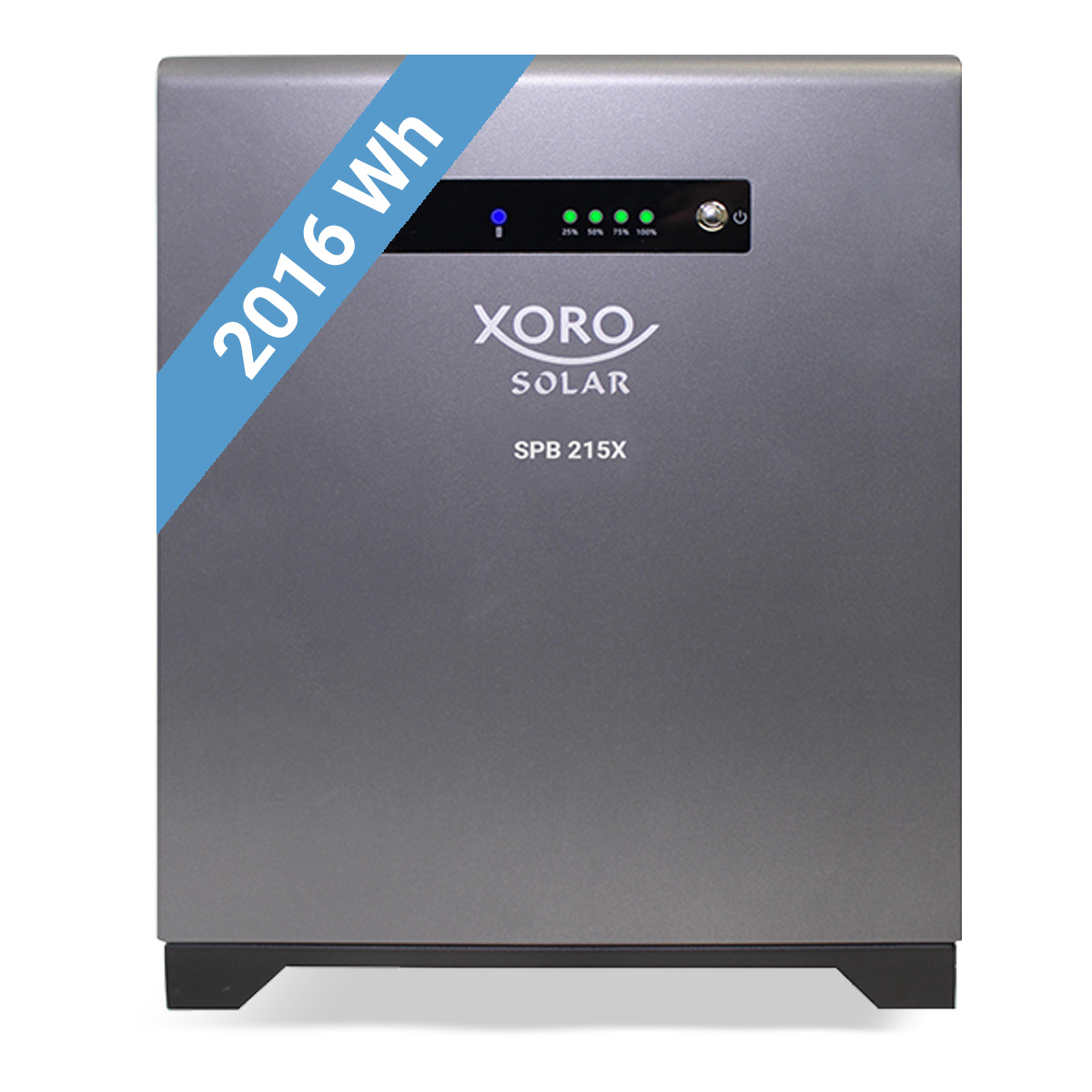 Graues Xoro Solar SPB 215X Gerät mit blauem Band '2016 Wh' und LED-Anzeige.