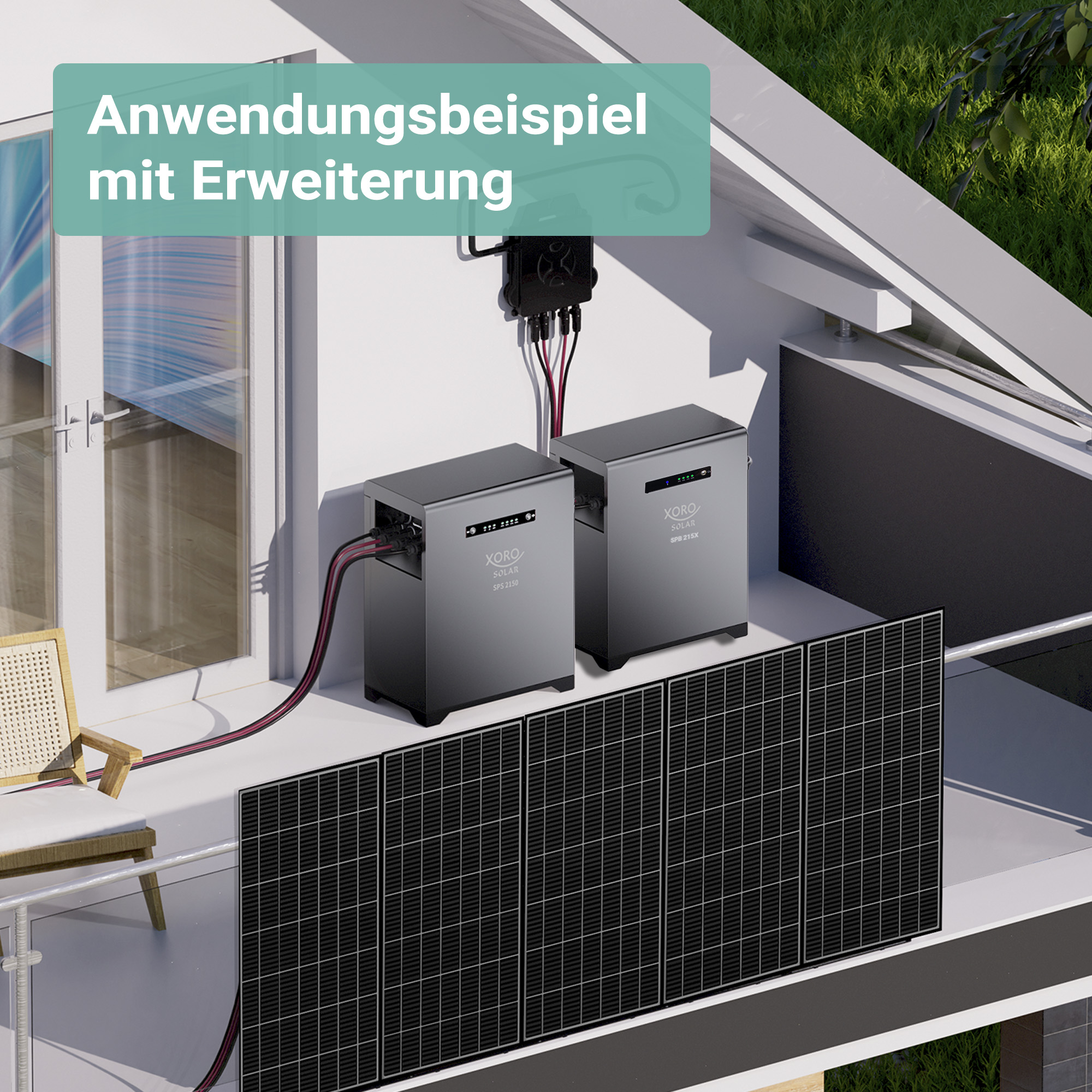 Solarmodule, Wechselrichter und Speicher auf einem Balkon.
