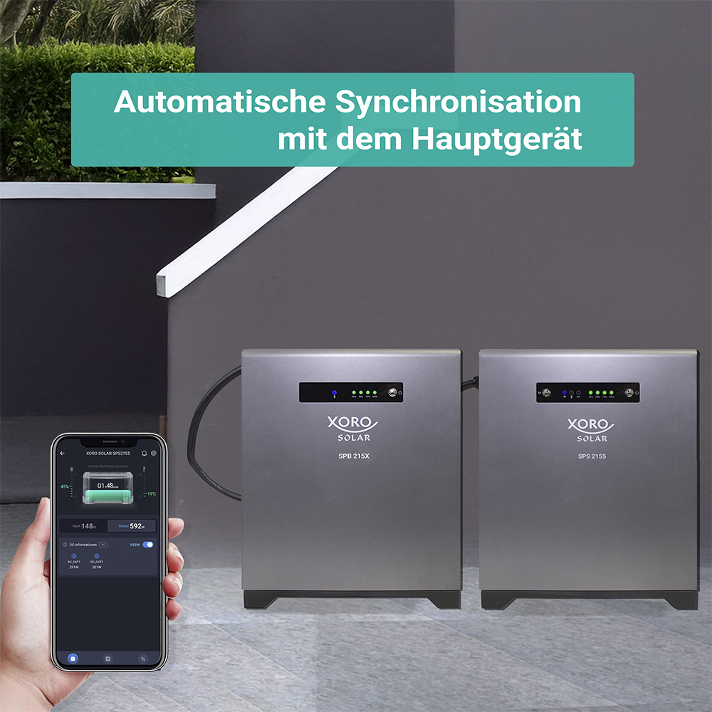 Zwei Xoro Solar Geräte synchronisieren, eine Hand hält ein Smartphone mit der App.