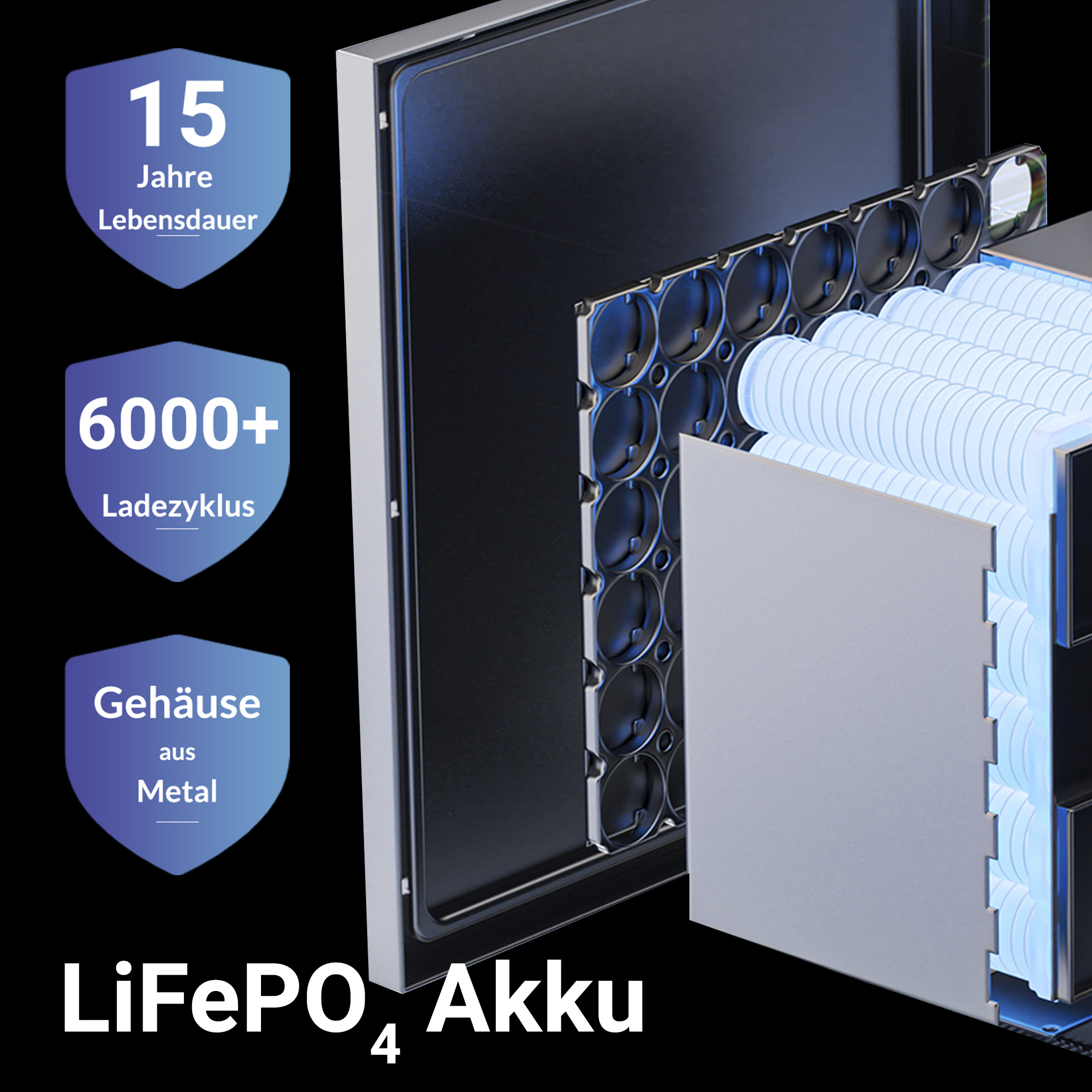LiFePO4 Akku mit 15 Jahre Lebensdauer, 6000+ Ladezyklen, Metallgehäuse.