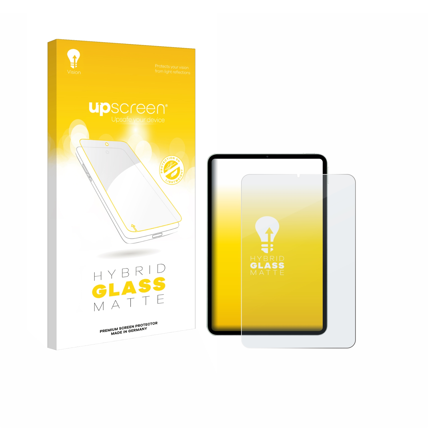 Verpackung und Displayschutzfolie für ein Tablet, mit Logo und Text.