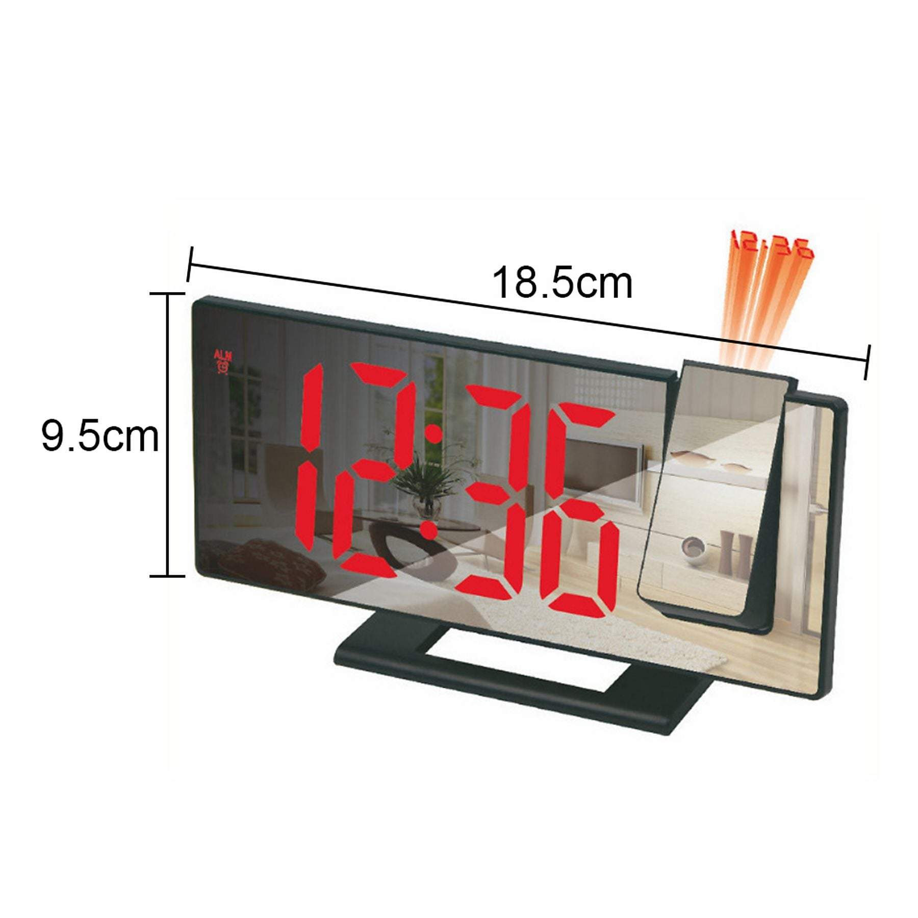 Digitaluhr mit roten Ziffern zeigt 12:36. Maße 18,5 x 9,5 cm.