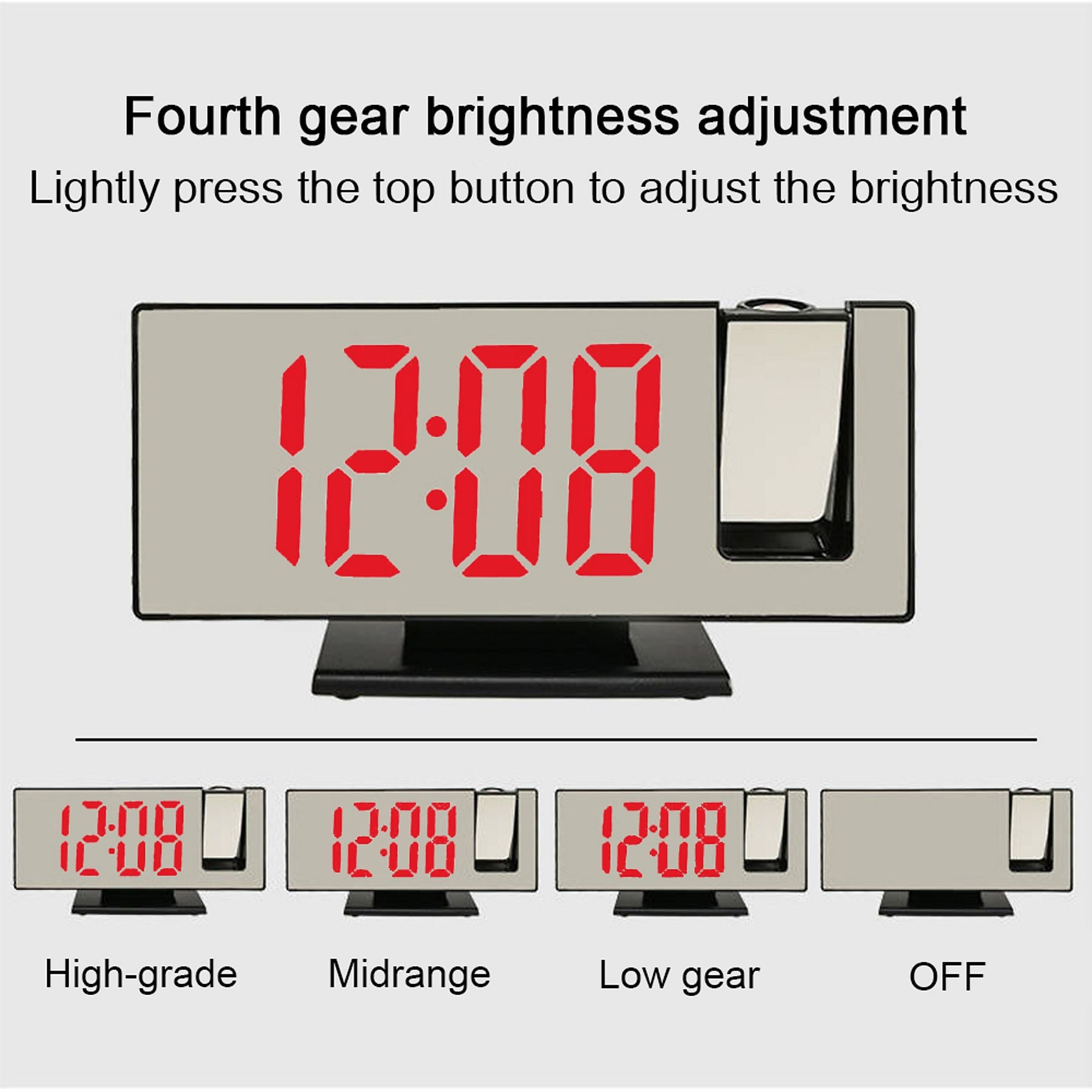 Digitaluhr mit roter 12:08 Anzeige. Helligkeitseinstellungen: High-grade, Midrange, Low gear, OFF.