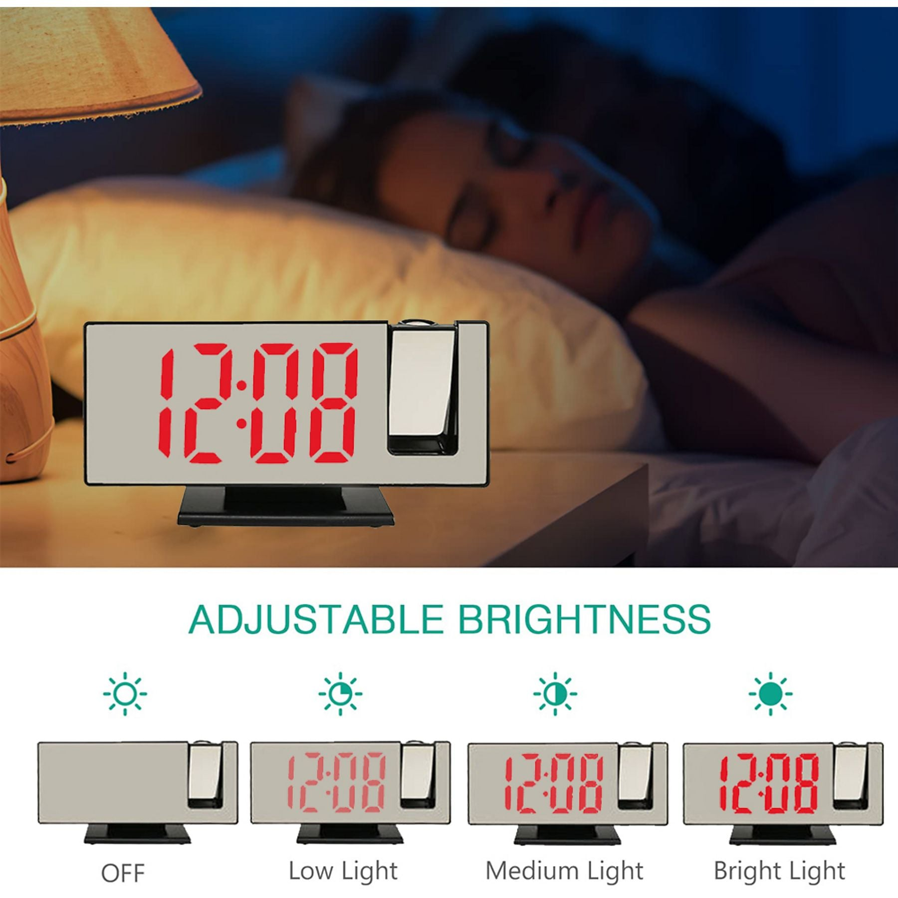 Digitaluhr mit roten Ziffern 12:08, schlafende Person.