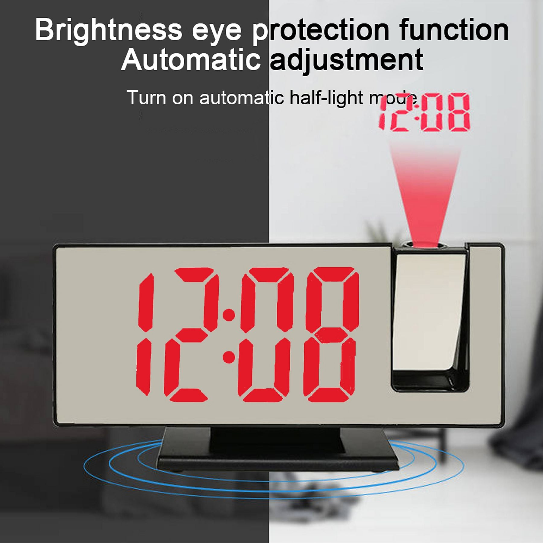 Digitaluhr mit roter LED-Anzeige, die 12:08 anzeigt. Ein rotes Licht projiziert nach oben.