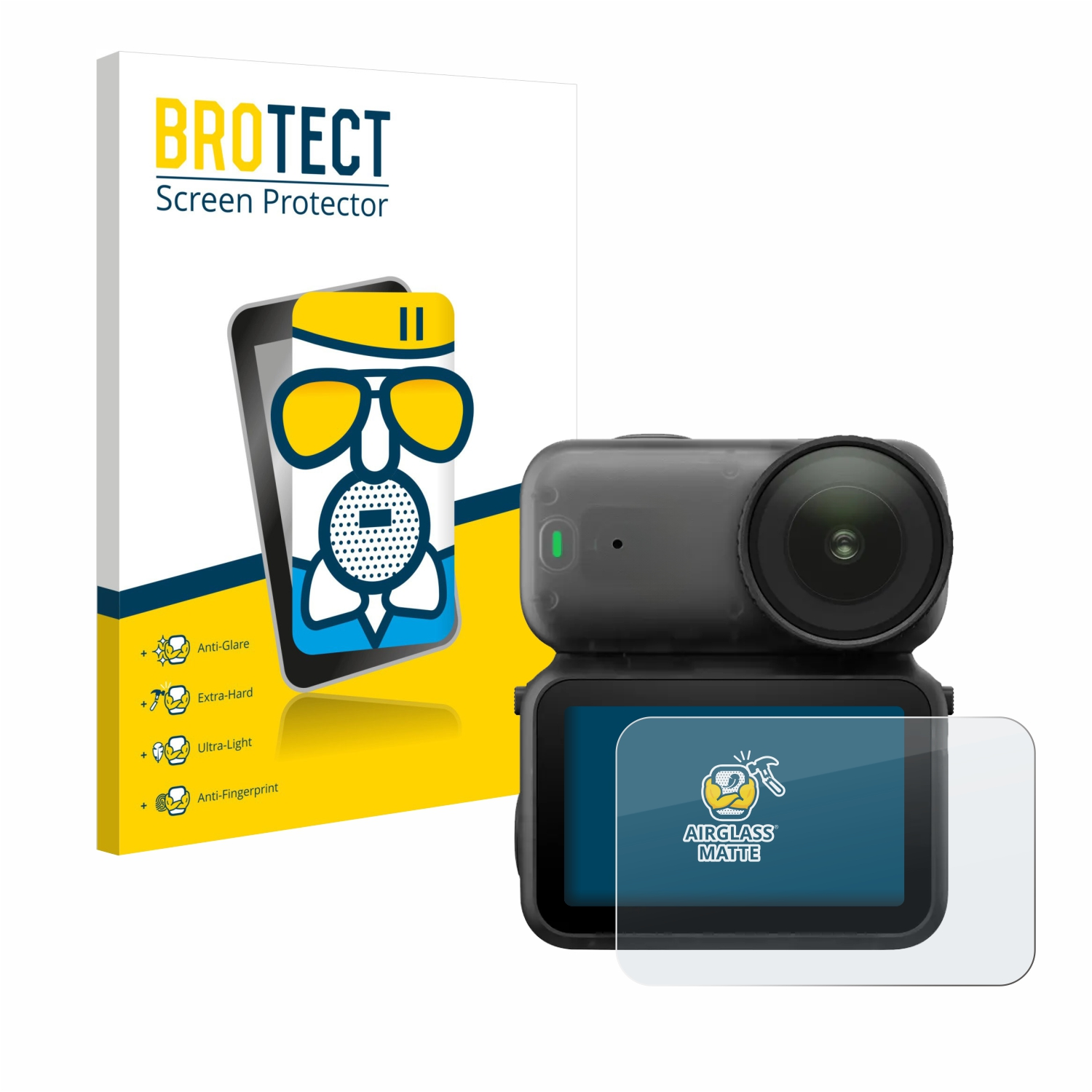 BROTECT Displayschutzfolie mit Action-Cam und Anleitung auf Weißem Hintergrund.