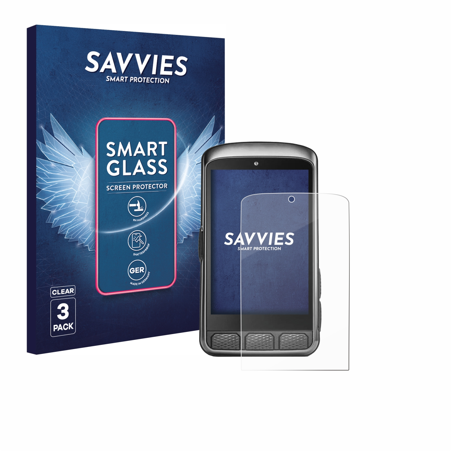 Verpackung für Savvies Displayschutzfolien und eine einzelne Folie auf einem Handy.