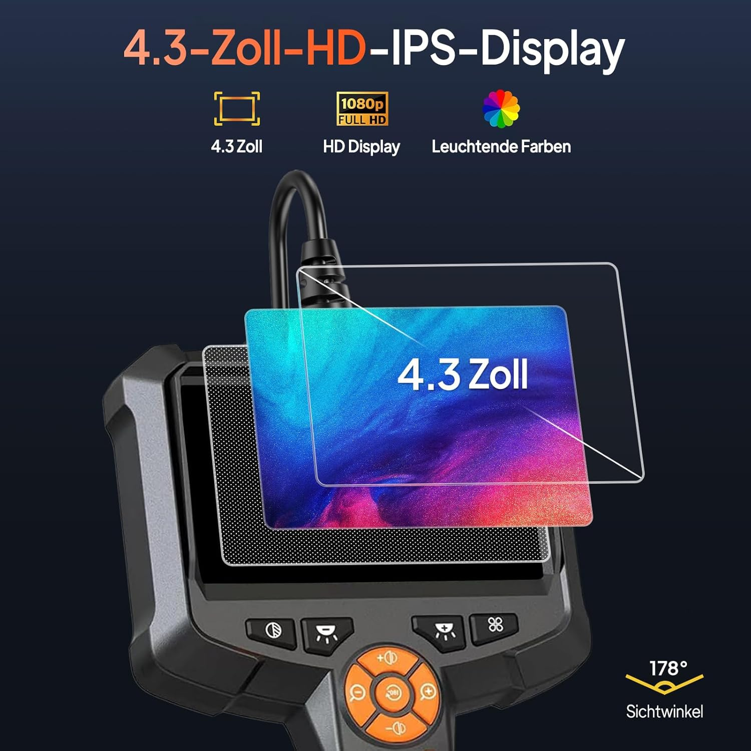 Ein digitales Inspektionsendoskop mit 4,3-Zoll-HD-IPS-Display.