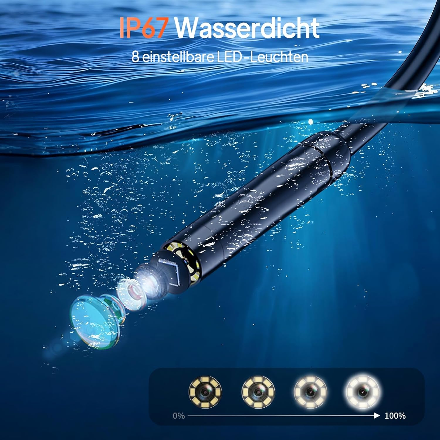 Wasserdichte Kamera mit 8 einstellbaren LEDs taucht in blaues Wasser ein.