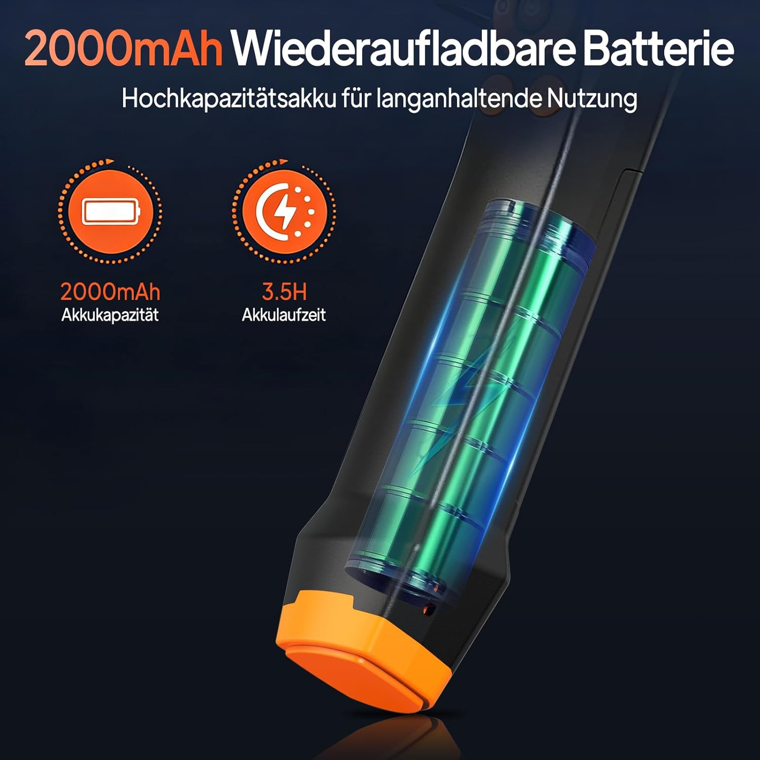 2000mAh wiederaufladbare Batterie mit 3,5h Ladezeit, transparente Darstellung.
