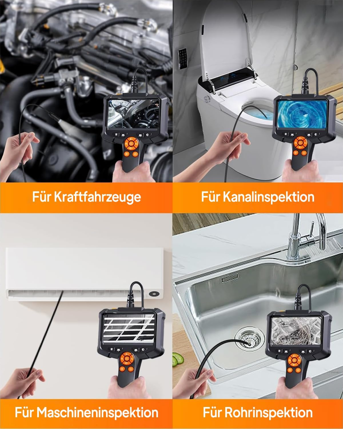 Vier Bilder zeigen Inspektionskameras in Gebrauch: Motor, Toilette, Klimaanlage, Spüle.