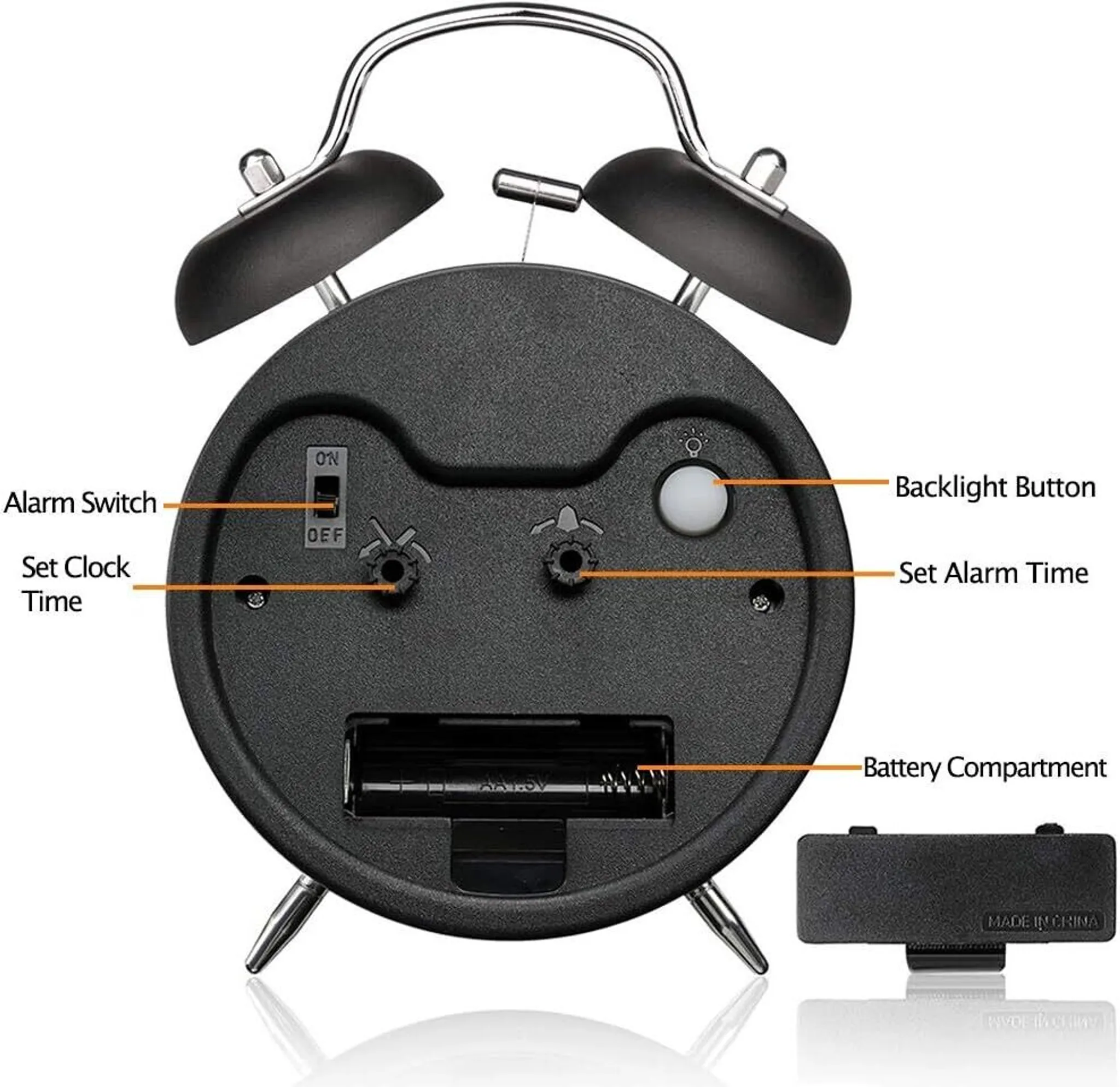 Rückseite des schwarzen Weckers zeigt Batteriefach, Alarm-Schalter und Zeiteinstellknöpfe.