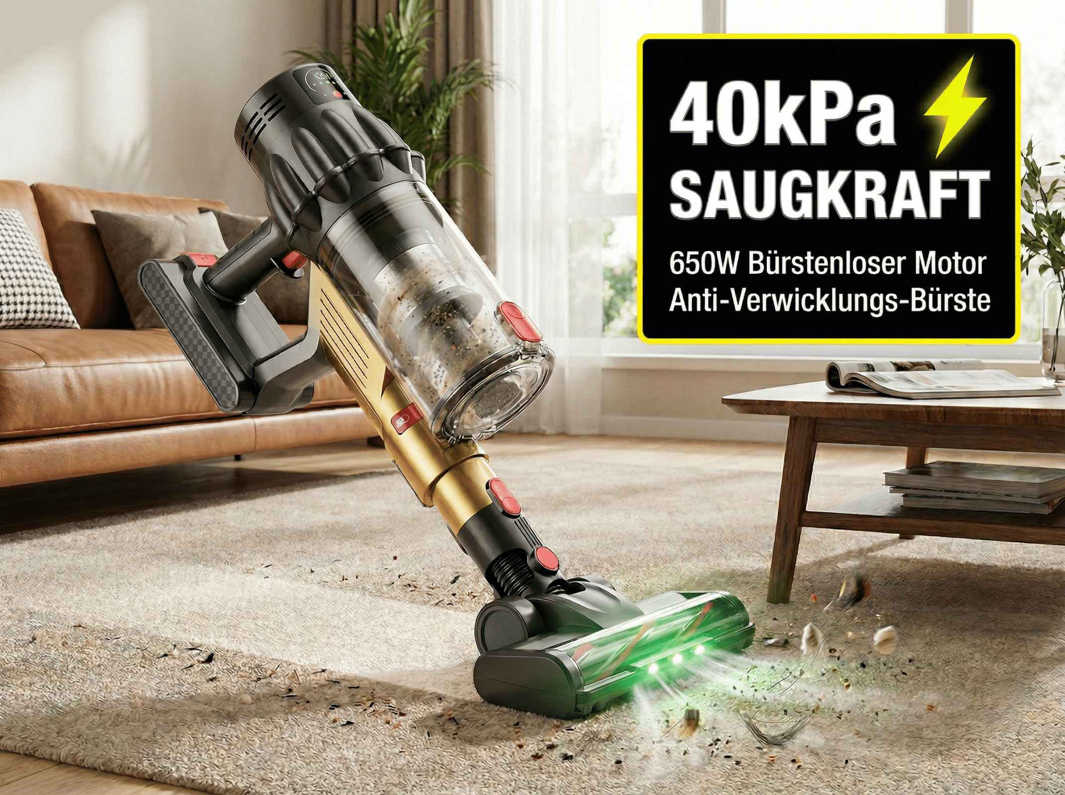 Ein kabelloser Staubsauger reinigt einen Teppich vor einem Sofa. Ein Hinweisschild zeigt 40kPa Saugkraft.